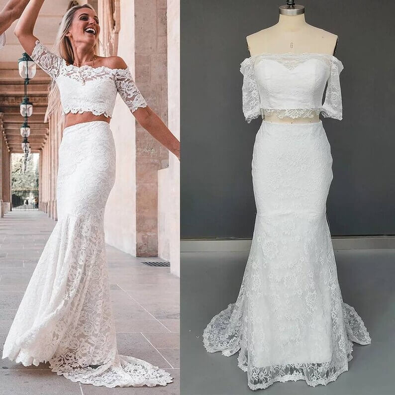 Off the Shoulder 2 Piece Lace Beach Wedding Dress - Summer Bridal Gown with Short Sleeves for Beach Ceremony, Destination Wedding & Boho Photoshoot