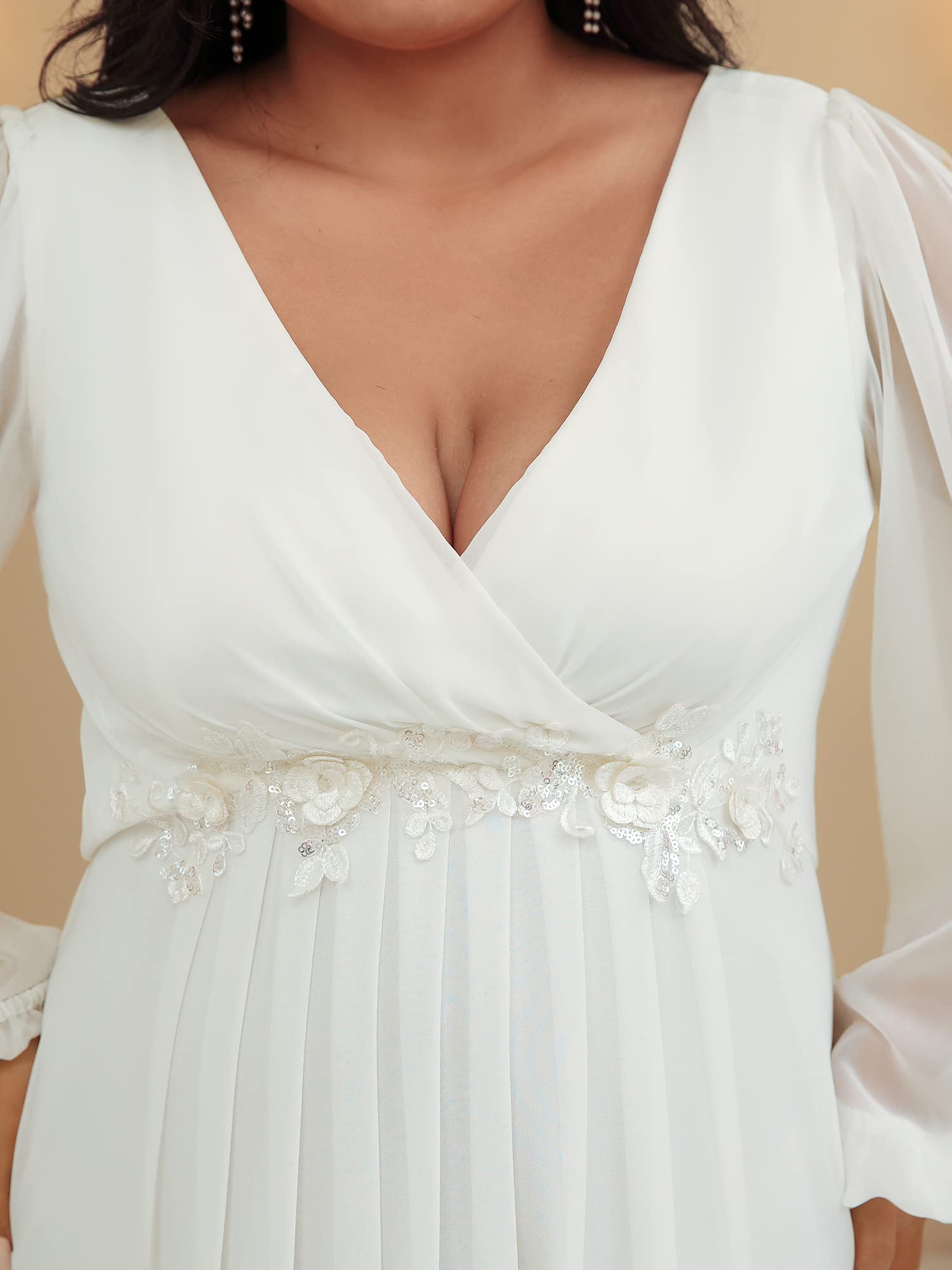 Ever-Pretty Plus Size Women's Formal Dress - V Neck Floor Length Floral Applique Lantern Sleeves Evening Gown for Curvy Women | Wedding Guest, Prom, Cocktail Party, Special Occasion