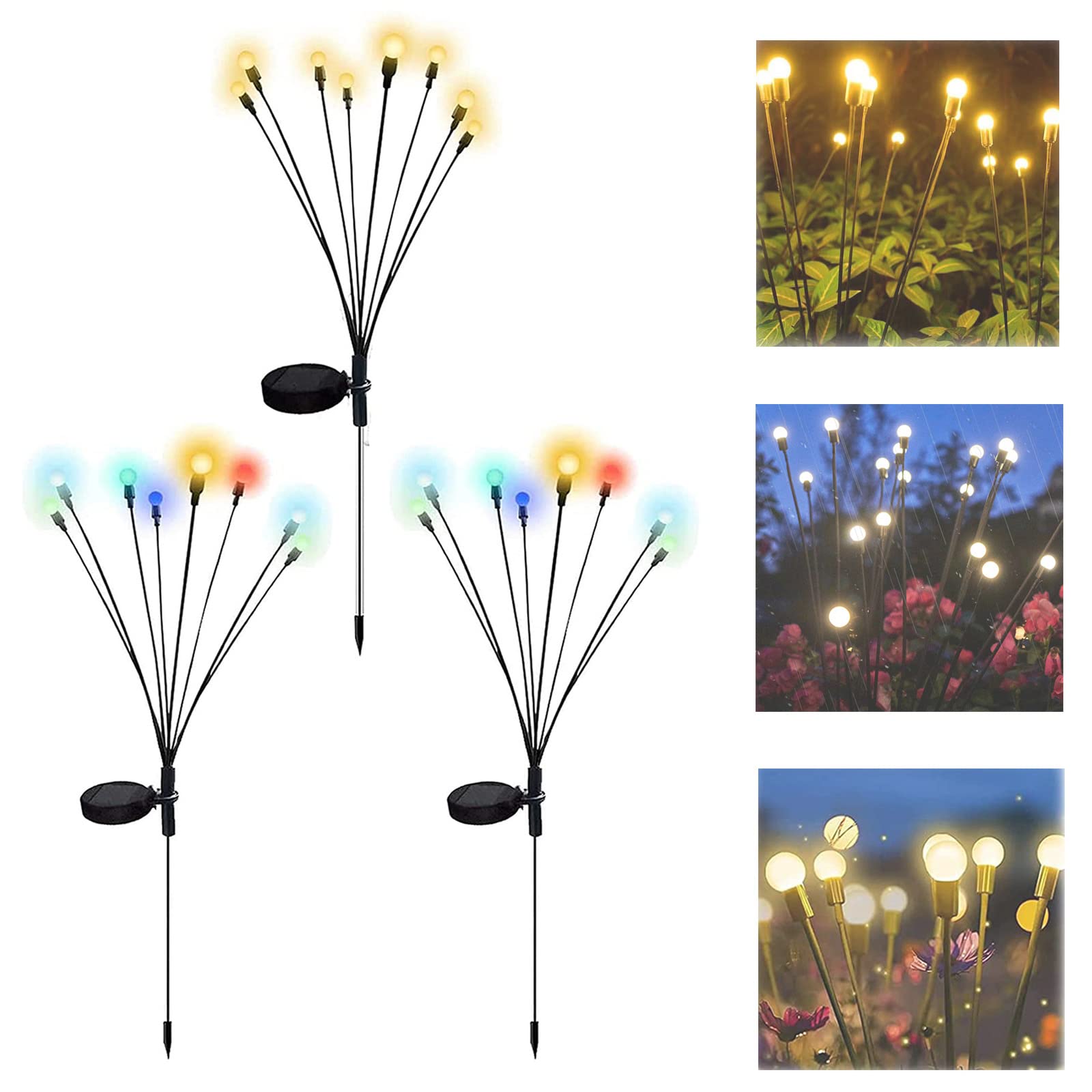 8 LED Solar Powered Firefly Lights Outdoor Waterproof Garden Lights - Starburst Swaying Solar Lights for Patio, Yard, Pathway Decoration (3Pcs, 2 Colorful + 1 Warm White) | Wind-Activated Dancing Lights for Backyard, Wedding, Party & Landscape Lighting