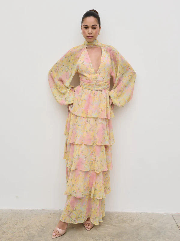Anya Ruffle Maxi Dress - Pastel Floral Print Summer Dress for Women | Beach Wedding, Vacation, Date Night Outfit