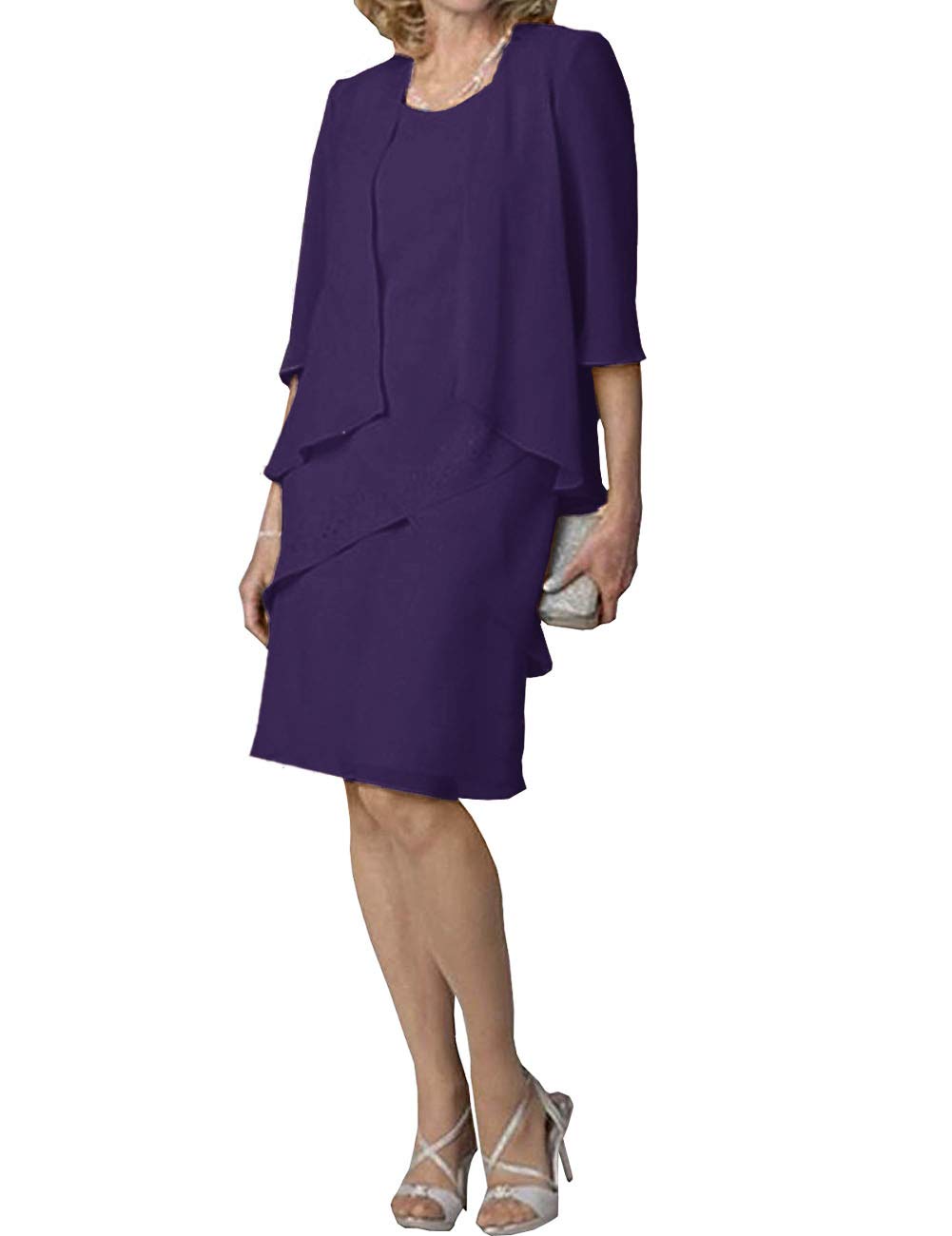 Elegant Mother of the Bride Dresses - Short Formal Evening Gown with 3/4 Sleeve Chiffon Jacket & Tiered Skirt | Perfect for Weddings, Cocktail Parties & Special Occasions