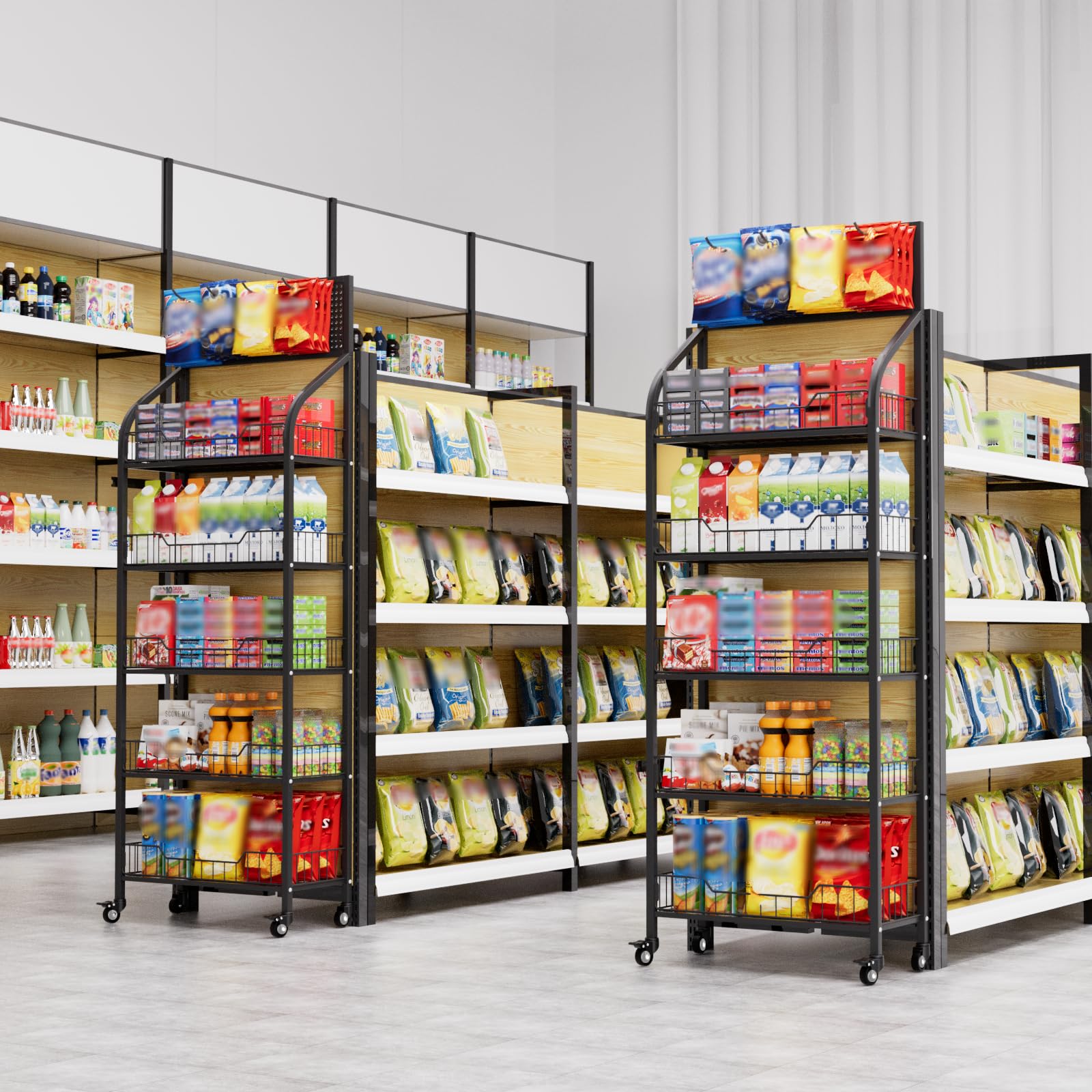 5-Tier Black Metal Candy Display Rack - 23.6x10.6x67 Inch Snack Organizer Stand for Retail Stores, Kitchen & Office - Sturdy Chip Shelf for Bread, Chips & Snacks Display - Perfect for Convenience Stores, Supermarkets & Cafeterias