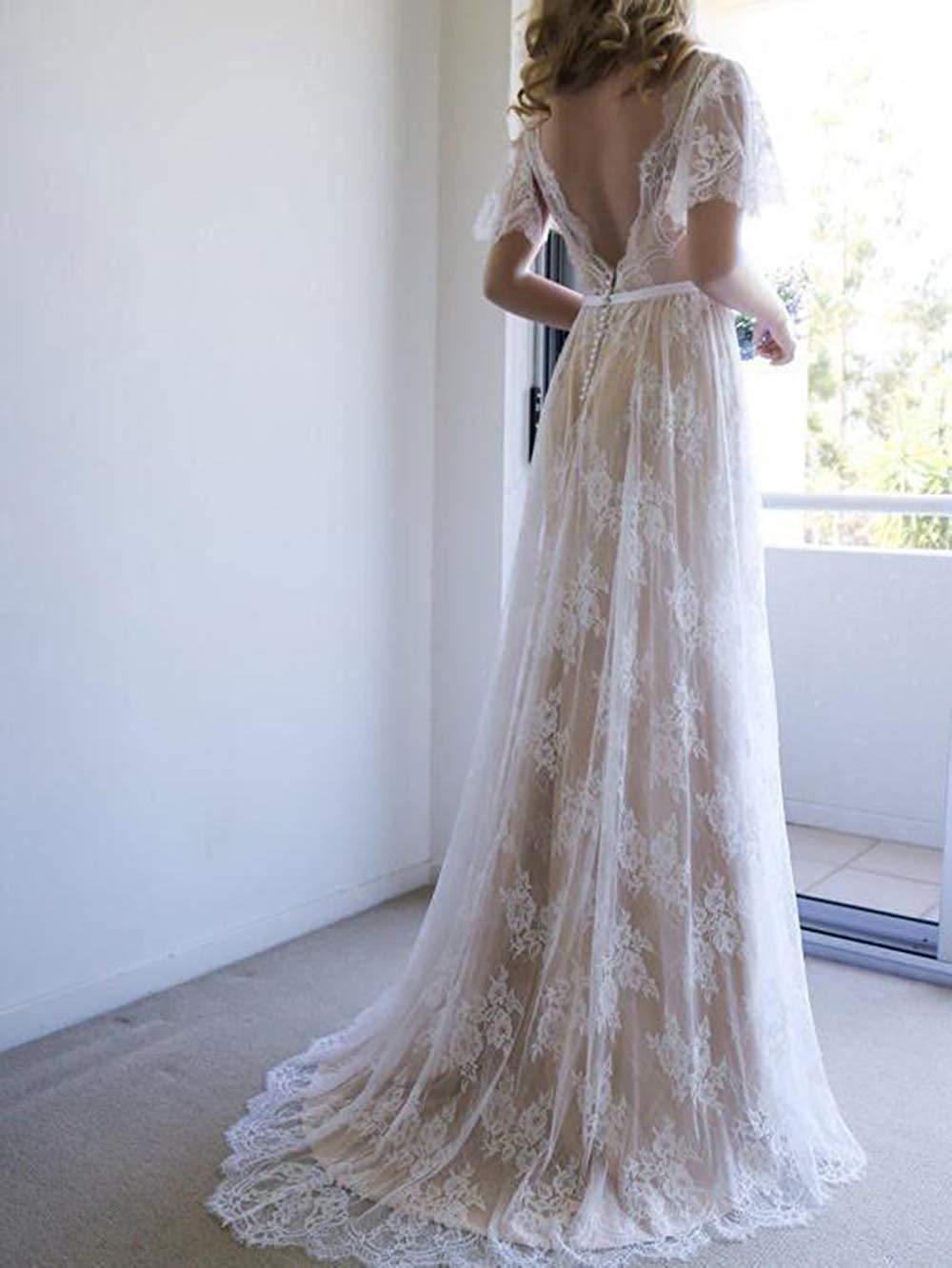 Bohemian Beach Wedding Dress for Women - Short Sleeve V-Neck Lace Bridal Gown | Perfect for Outdoor, Garden & Destination Weddings