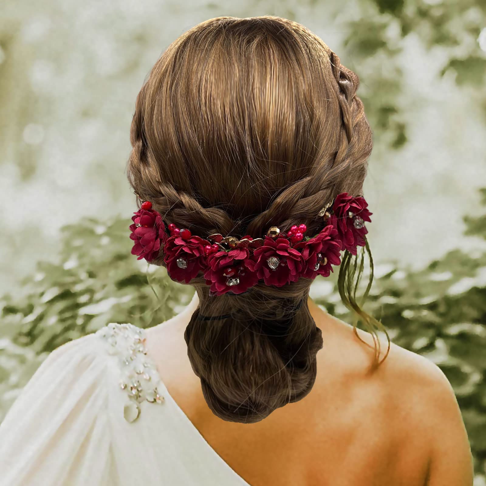 6PCS Red Floral Hair Clips with Rhinestone - Elegant Bridal Hair Accessories for Women & Girls | Perfect for Weddings, Proms, Parties and Special Occasions