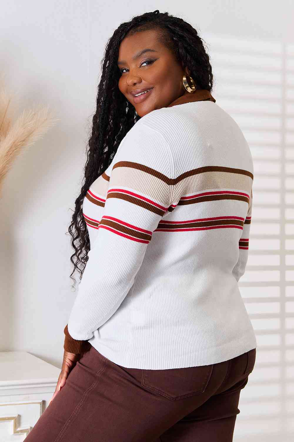 Beige Striped Collar Rib Knit Top for Women - Casual Long Sleeve Shirt for Fall & Winter, Perfect for Office Wear and Weekend Outfits