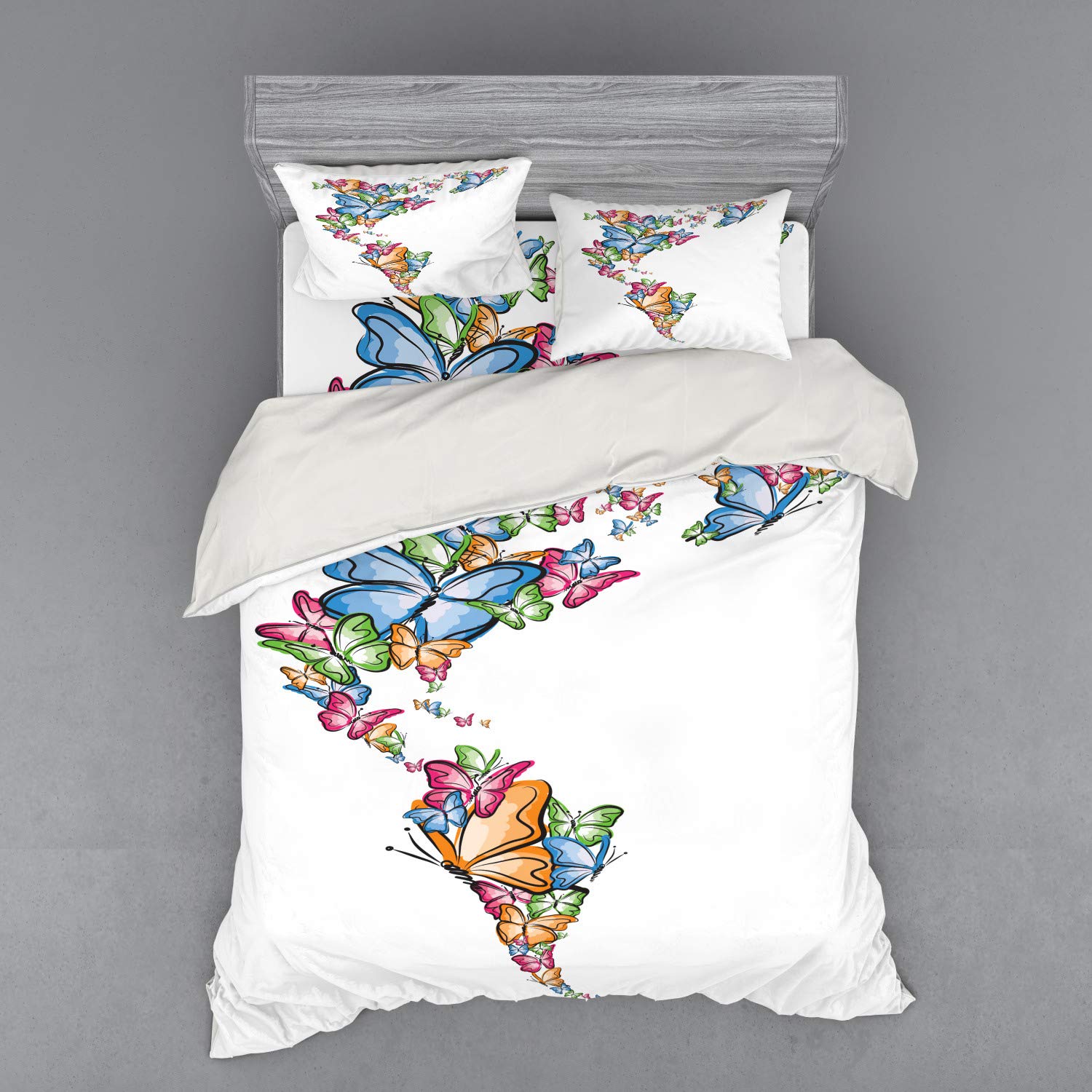 Ambesonne Colorful World Map Duvet Cover Set with Butterfly Design - 3 Piece Queen Size Bedding Set (Duvet Cover, Pillow Sham, Fitted Sheet) in Pale Orange Pink Blue - Perfect for Kids Room, Teen Bedroom & Travel Themed Decor