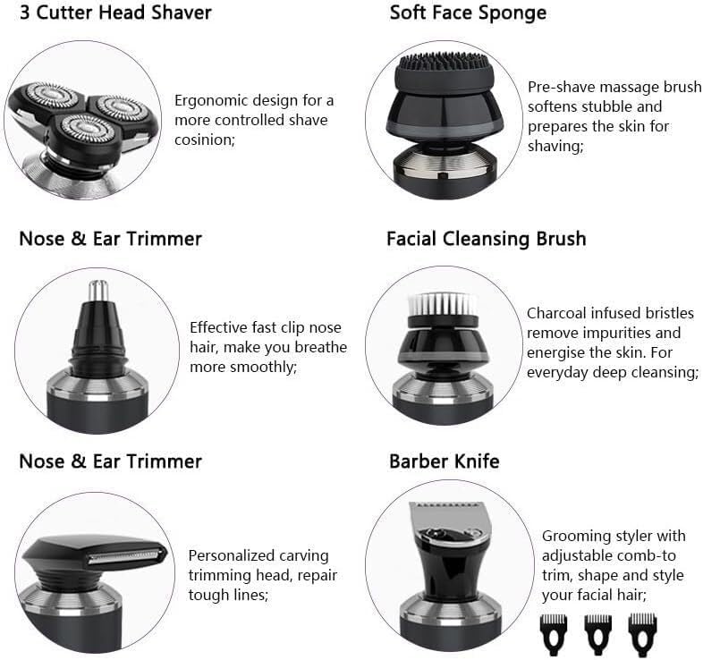6-in-1 Rechargeable Electric Razor for Men - Wet/Dry Shaver, Beard Trimmer, Nose Hair Clipper & Bald Head Shaver | Professional Grooming Kit for Home & Travel Use