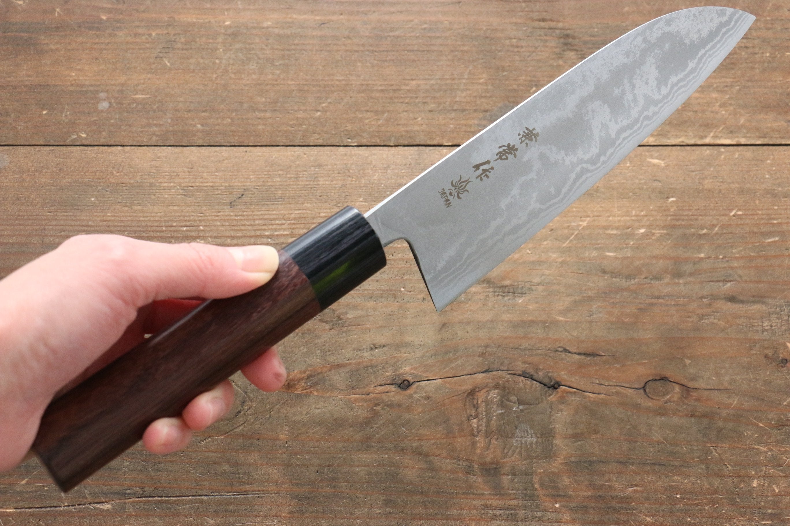 Premium Kanetsune Blue Steel No.2 Damascus Santoku Knife 165mm - Japanese Chef Knife with Shitan Wood Handle - Perfect for Slicing, Dicing & Chopping Vegetables, Meat & Fish