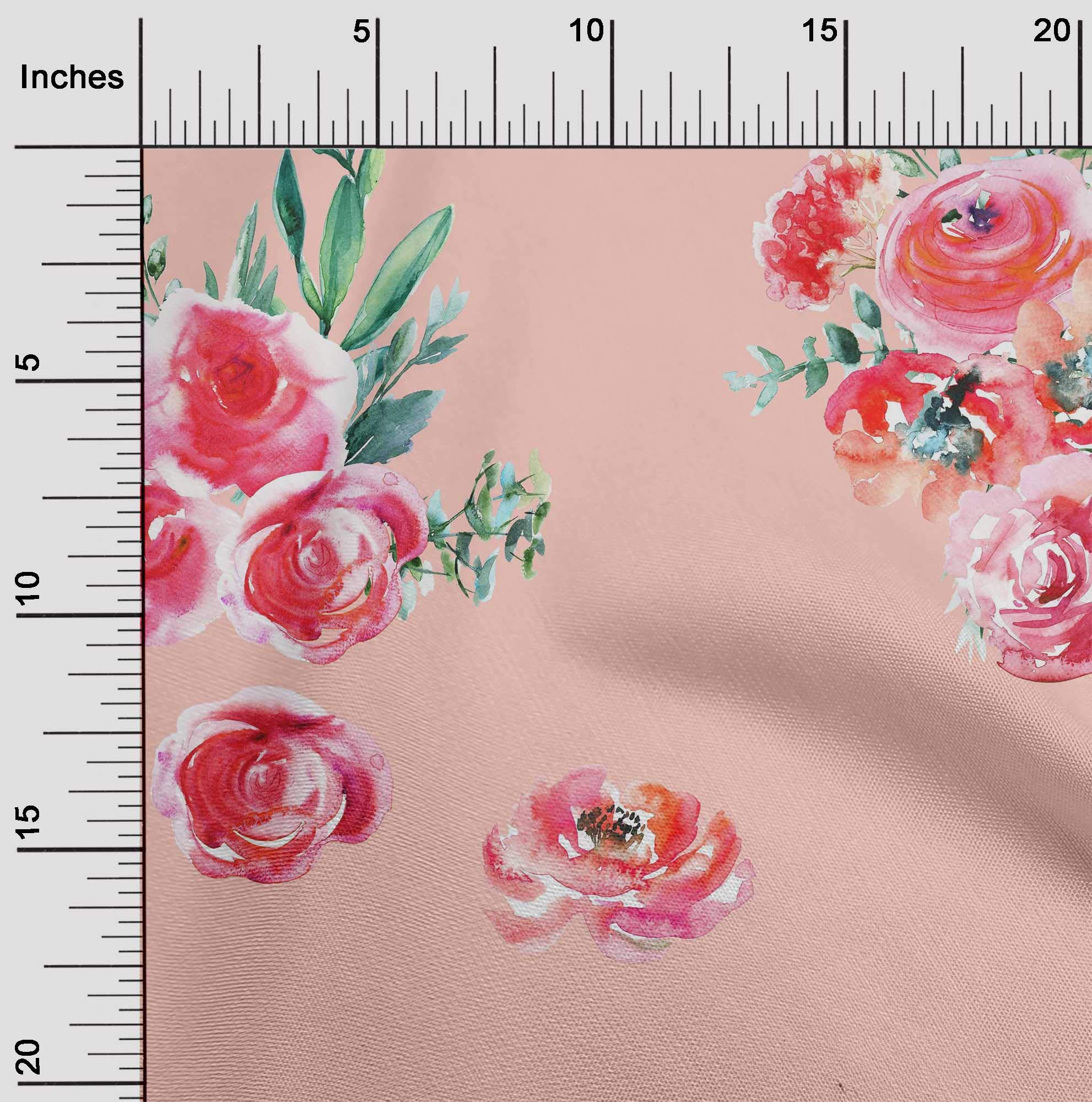 oneOone Cotton Flex Fabric - 40 Inch Wide Leaves & Peach Floral Watercolor Print Fabric by The Yard | Perfect for DIY Crafts, Quilting, Home Decor & Fashion Sewing Projects