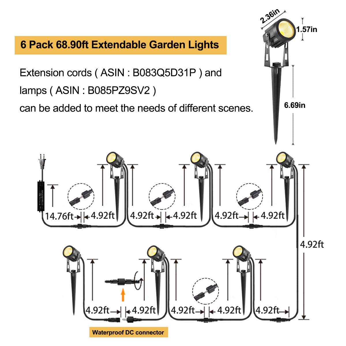 6 in 1 Solar Landscape Lights with 2 Pack 6.56ft Extension Cord - Outdoor Garden Pathway, Yard, Patio, and Driveway Lighting for Home Decor