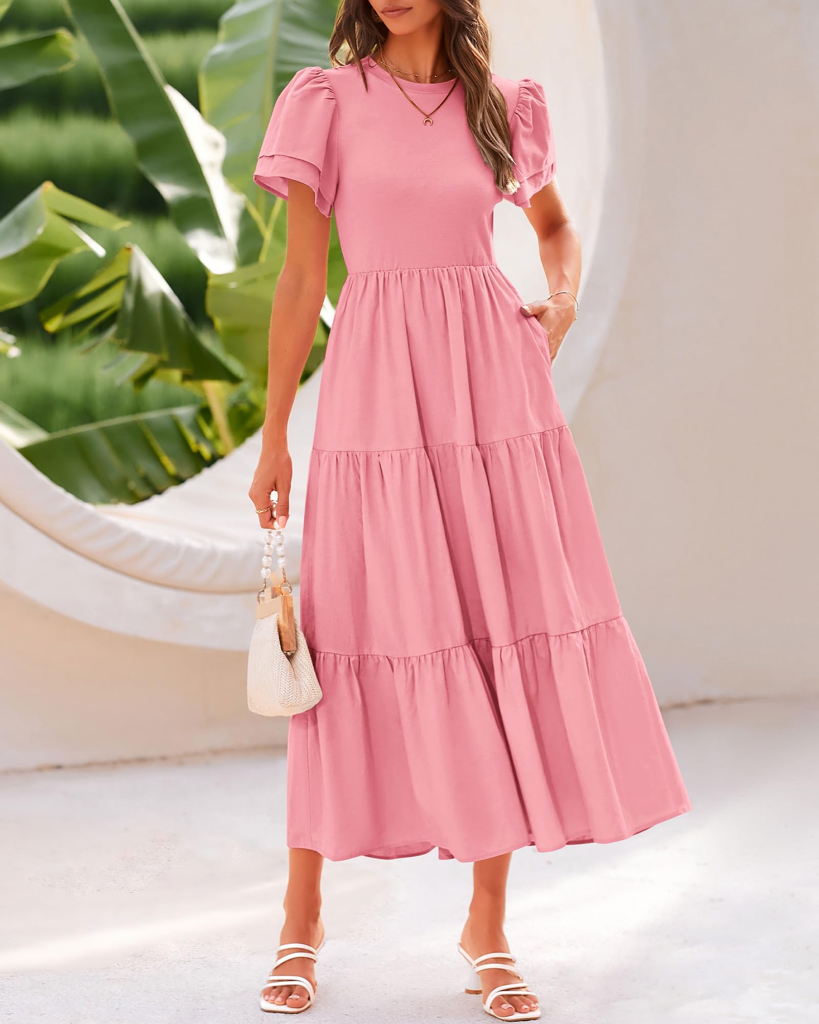 BTFBM Women's Casual Summer Dresses 2025 - Spring Crewneck Short Sleeve Tiered Flowy Boho Maxi Dress with Pockets for Beach Vacation, Outdoor Picnic & Summer Travel