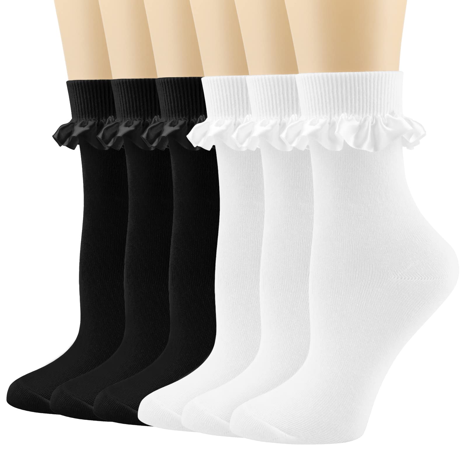 BIVOLU Women's Lace Ruffle Crew Socks - 6 Pack Cotton Ankle Dress Socks for Girls | Cute Princess Style | Perfect for School, Parties & Everyday Wear