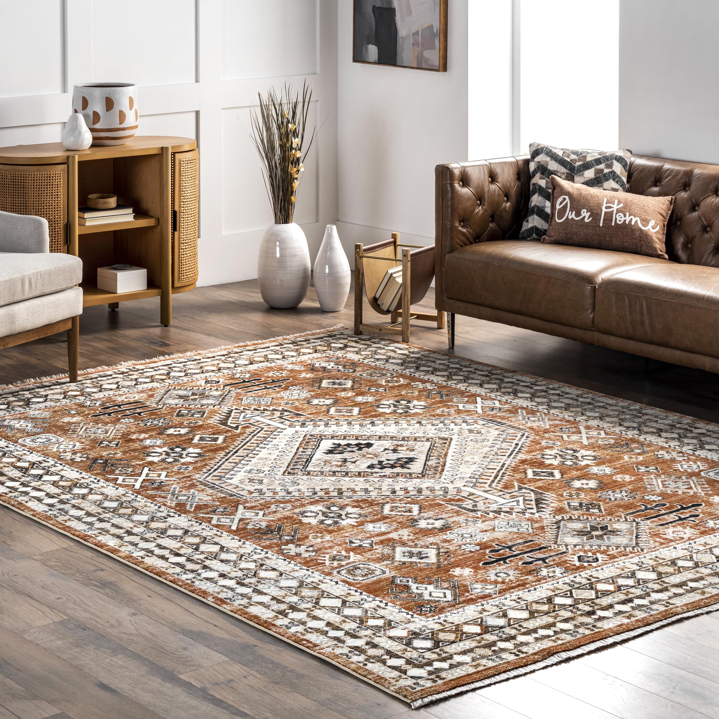 nuLOOM Fringed Performance Indoor Area Rug 8' x 10' Vanesa Rust - Power Loomed, Easy to Clean, Durable & Non-Shedding - Perfect for Living Room, Bedroom & High Traffic Areas