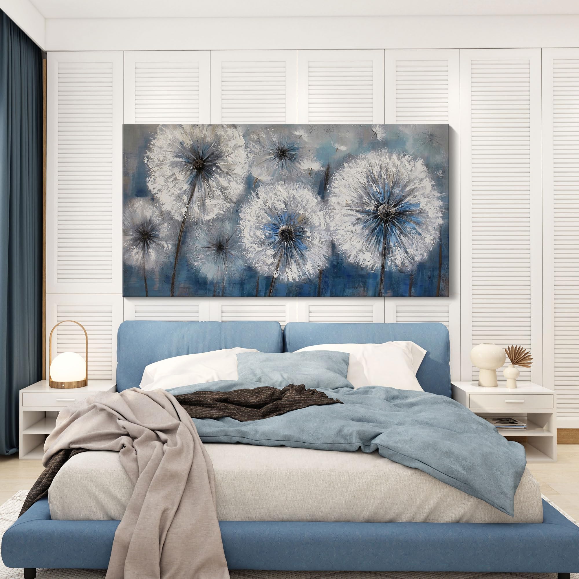 Blue Dandelion Canvas Wall Art - Large 29x58 Inch Framed Modern Flower Painting for Living Room & Bedroom Decor - Perfect Above Bed or Sofa for Home & Office