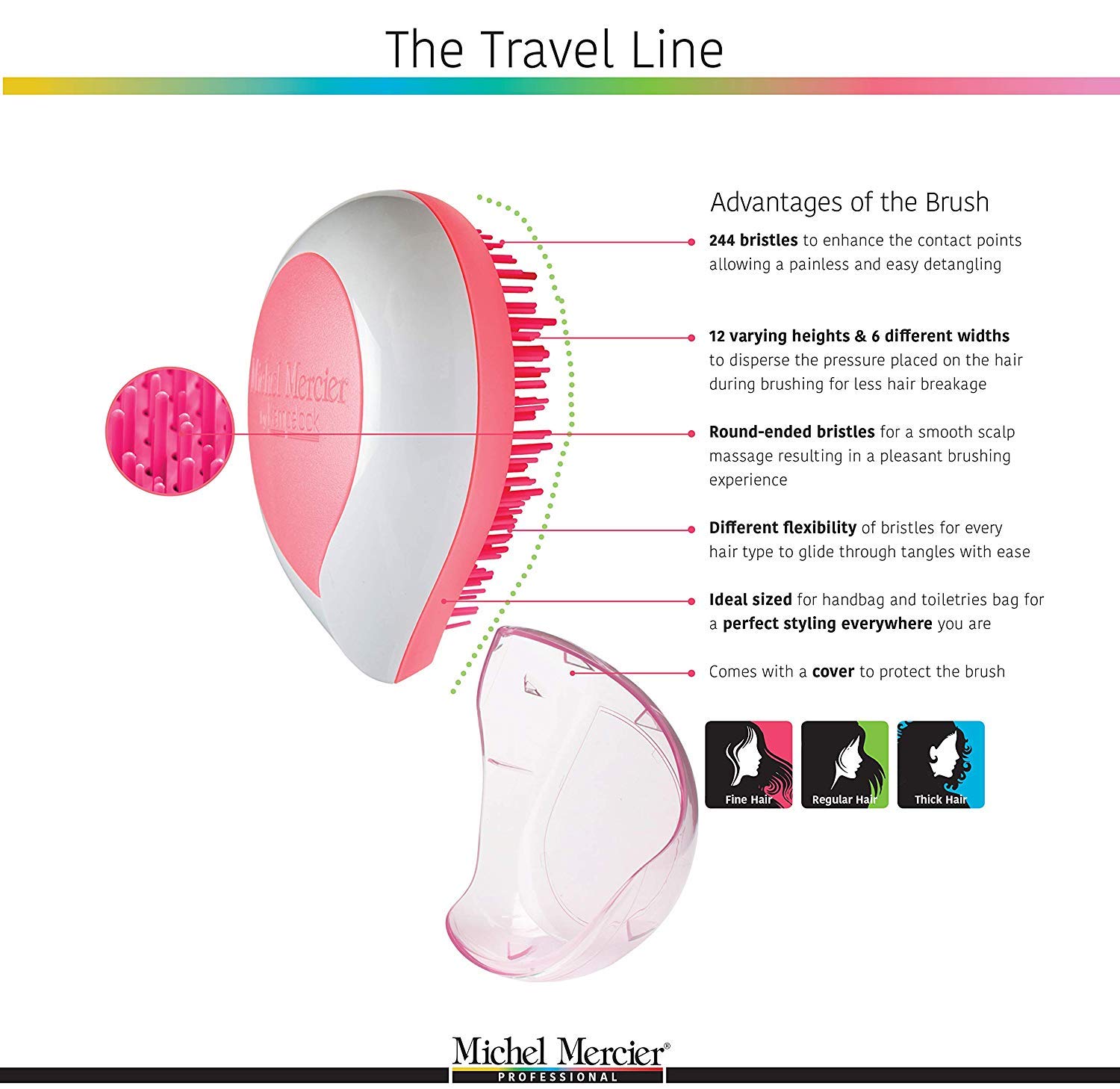 Michel Mercier Detangling Hair Brush for Fine Hair - Travel Size Pink | Perfect for On-the-Go Styling & Tangle-Free Hair Care at Home