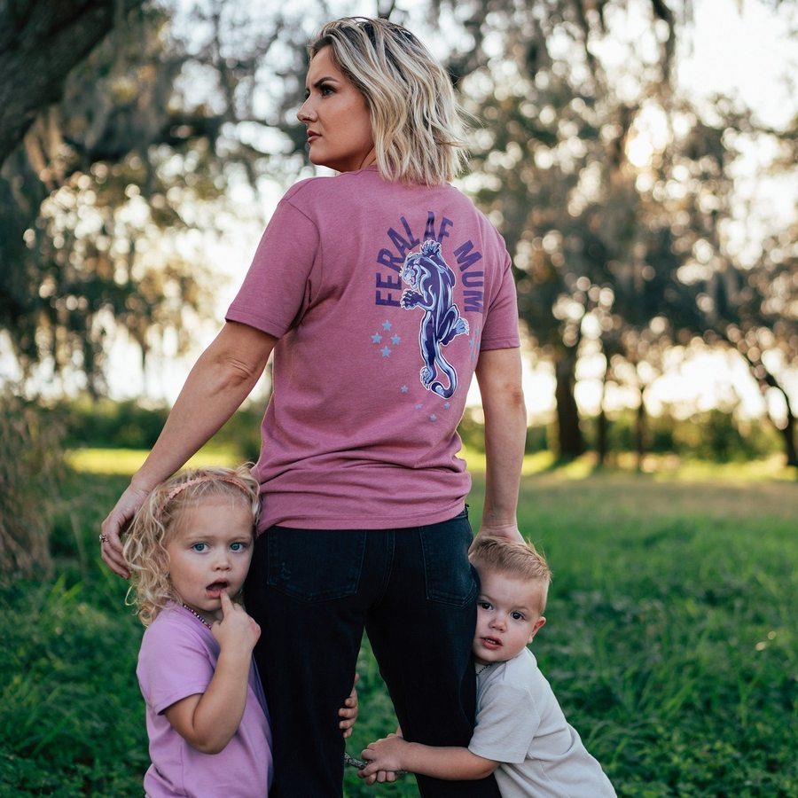 Women's Feral AF Mom Boyfriend Fit T-Shirt - Heather Mauve | Soft Relaxed Fit Tee for Casual Wear, Lounge & Everyday Outfits