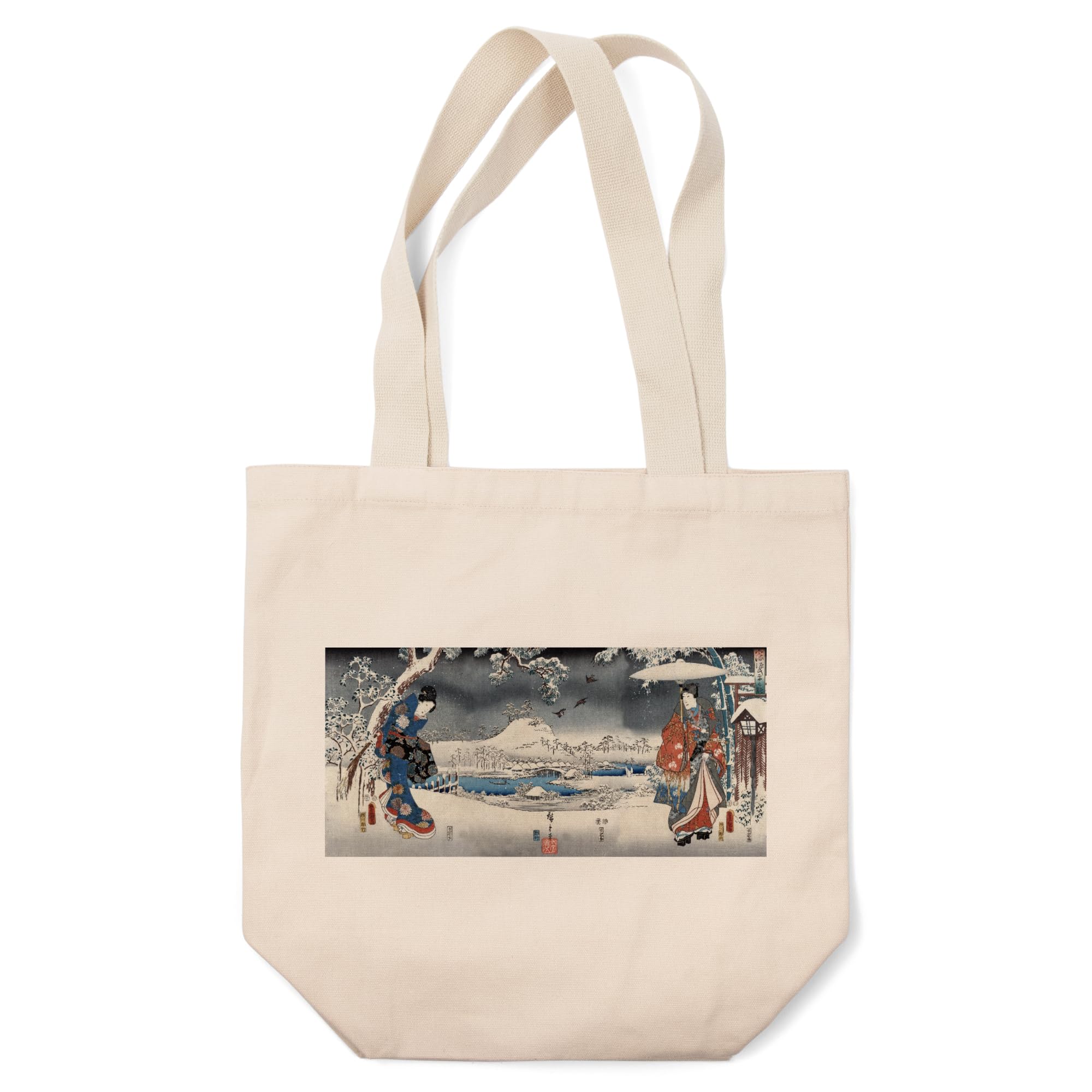 Lantern Press Japanese Wood-Cut Print Tote Bag - Modern Tale of Genji Snow Scene Design | 100% Cotton Canvas Reusable Shopping Bag for Groceries, Books & Beach