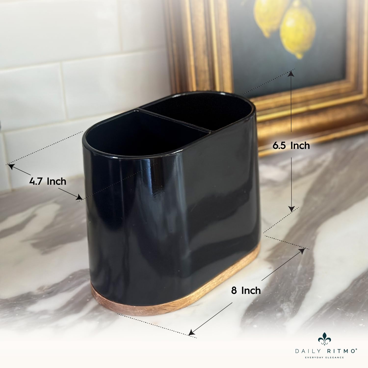 DAILY RITMO® Black Ceramic Kitchen Utensil Holder with Acacia Wood Base - 2 Compartment Countertop Organizer for Spoons, Spatulas & Cooking Tools - Perfect for Kitchen Counter, Pantry & Dining Room Storage