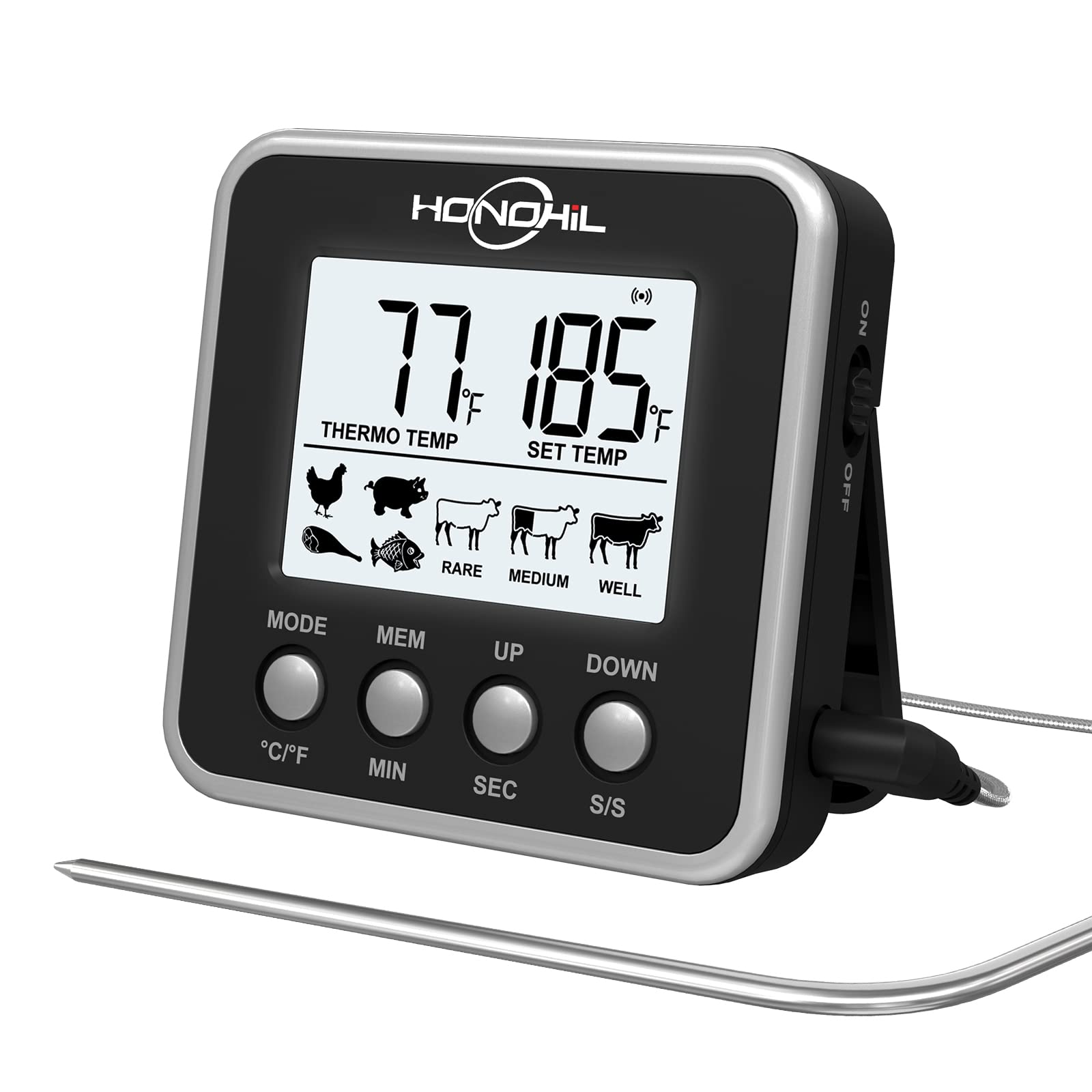 Honohil Digital Meat Thermometer with Stainless Steel Probe - Instant Read Cooking Thermometer for Grilling, BBQ, Baking, Candy Making & Smoker - Magnetic Back & Battery Timer (Black) - Perfect for Kitchen, Outdoor Cooking & Food Safety