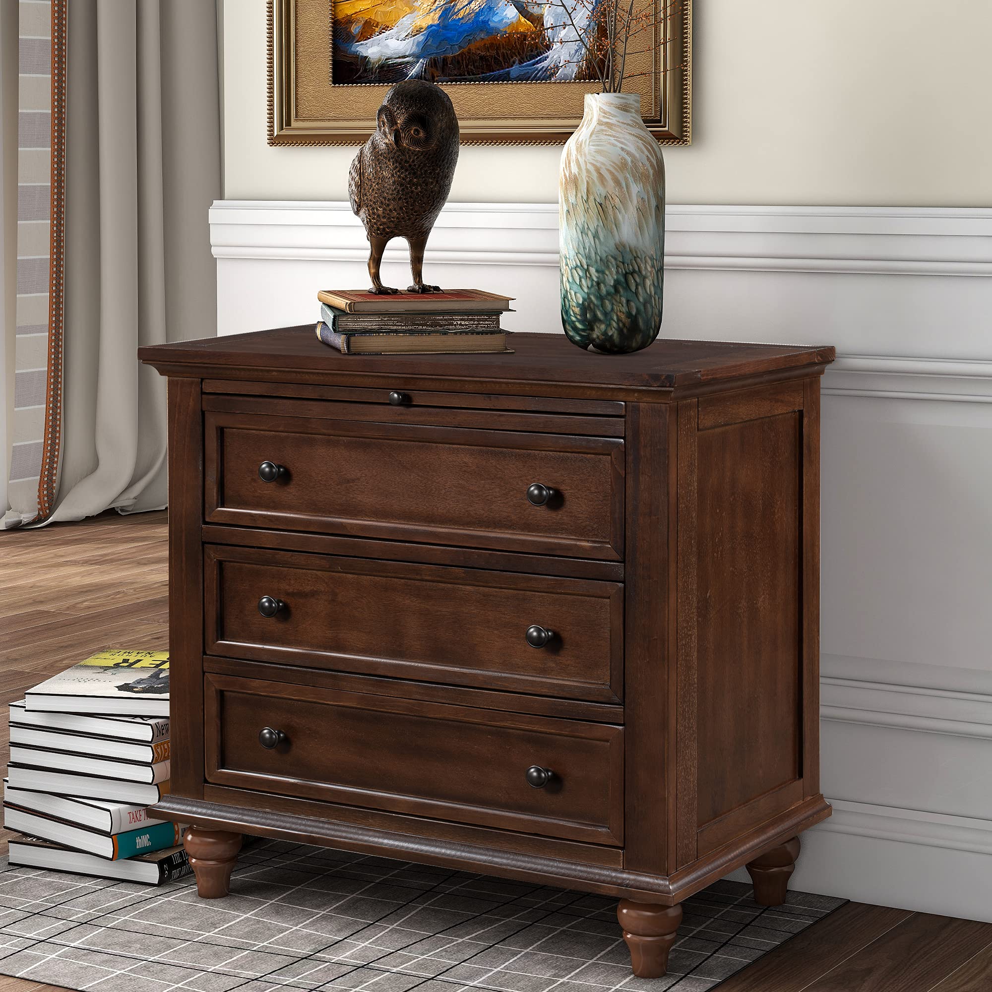 3-Drawer Wooden Bedside End Table with Pull-Out Tray - Nightstand for Bedroom & Living Room - Brown - Perfect for Storing Books, Lamps & Bedroom Essentials