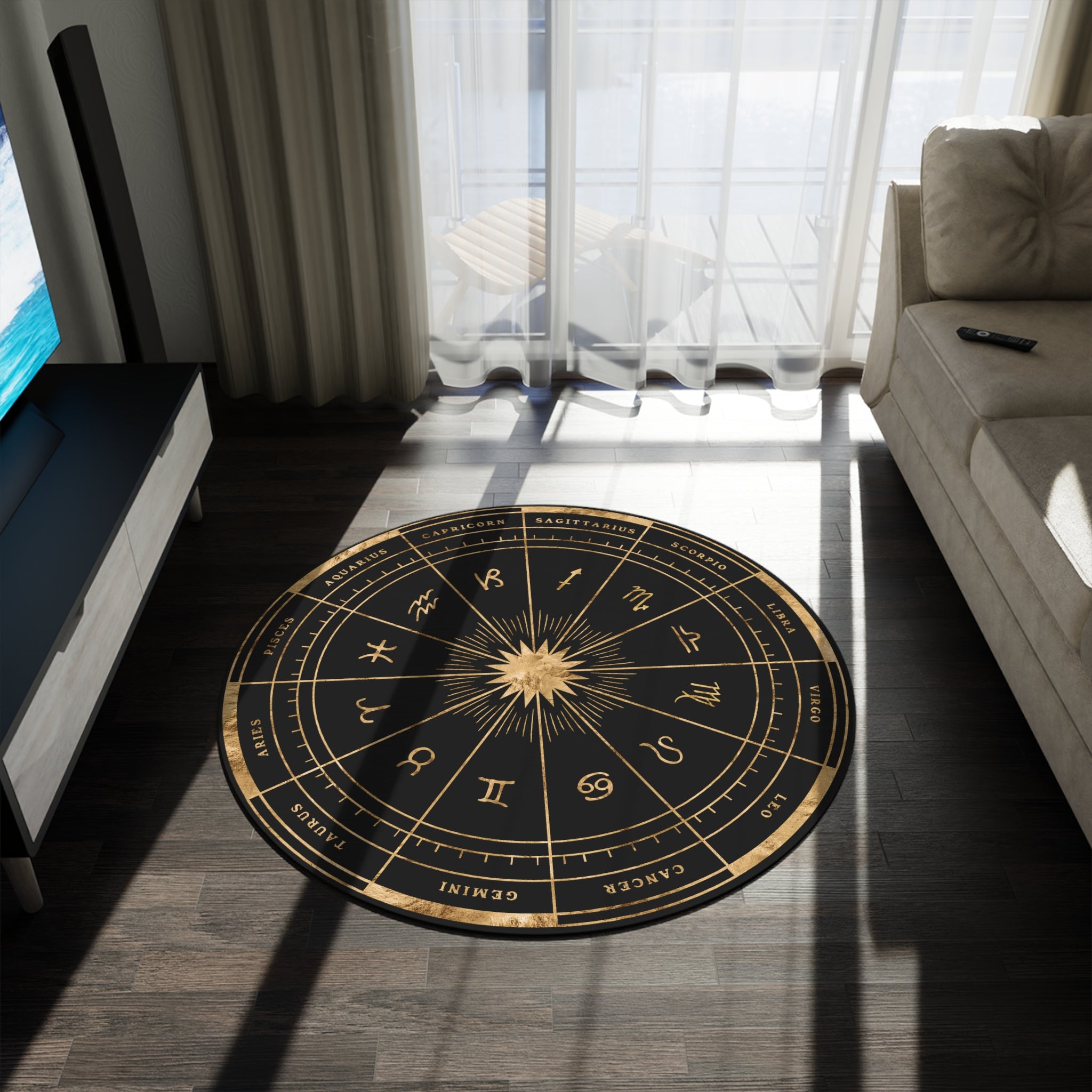 Celestial Astrology Round Rug - Zodiac Wheel Design Non-Slip Area Rug for Living Room, Bedroom, Dorm Decor - Perfect for Boho, Meditation & Yoga Spaces