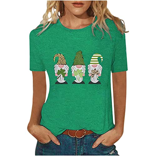 St. Patrick's Day Women's Cute Gnome Graphic Printed Short Sleeve T-Shirt - Fun Holiday Tee for Mom, Party, Irish Celebration & Casual Wear