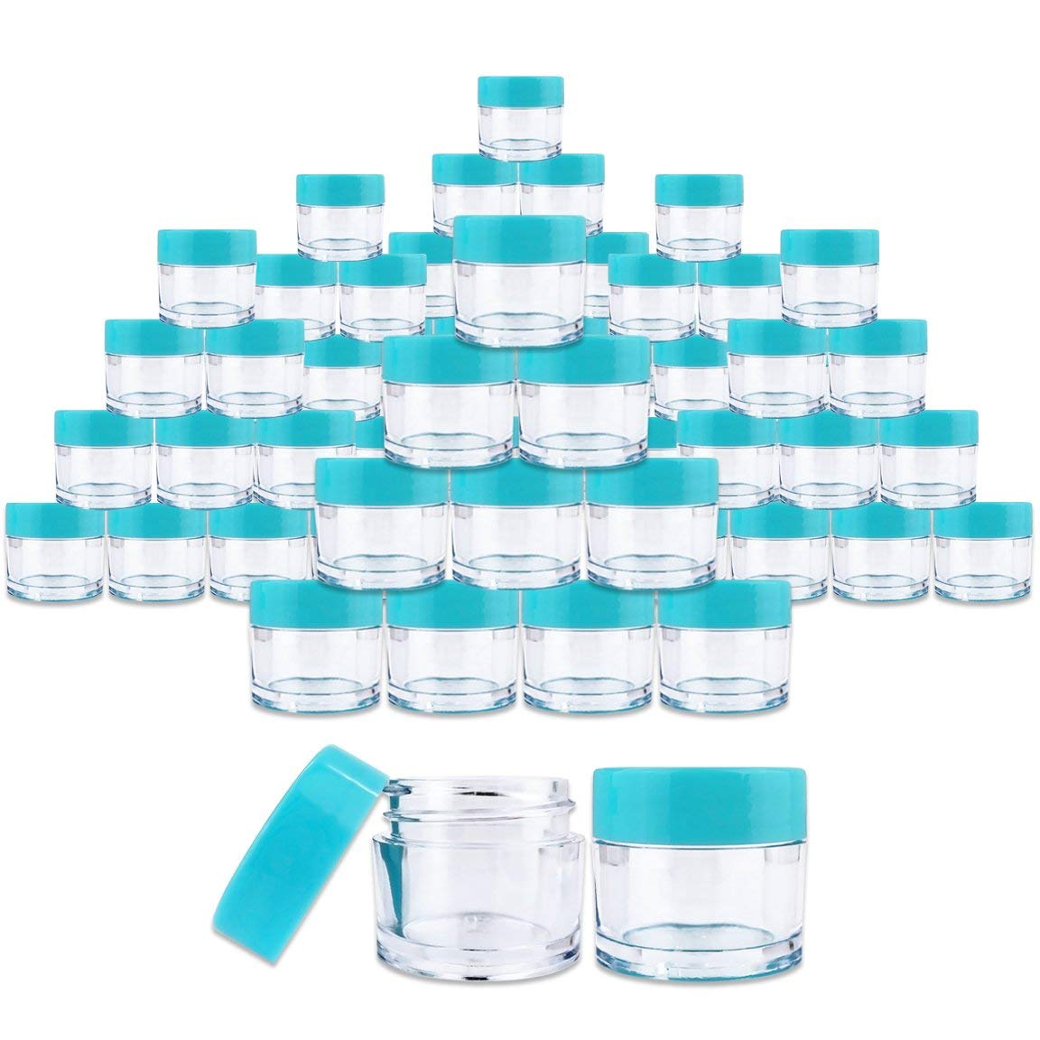 Beauticom 7 Gram / 7 ML Thick Wall Round Leak Proof Clear Acrylic Jars for Cosmetics, Creams, Salves, Beauty Products - 72 Jars with Clear Base + 72 Teal Lids - Perfect for DIY Skincare, Travel Size Toiletries & Professional Salon Use
