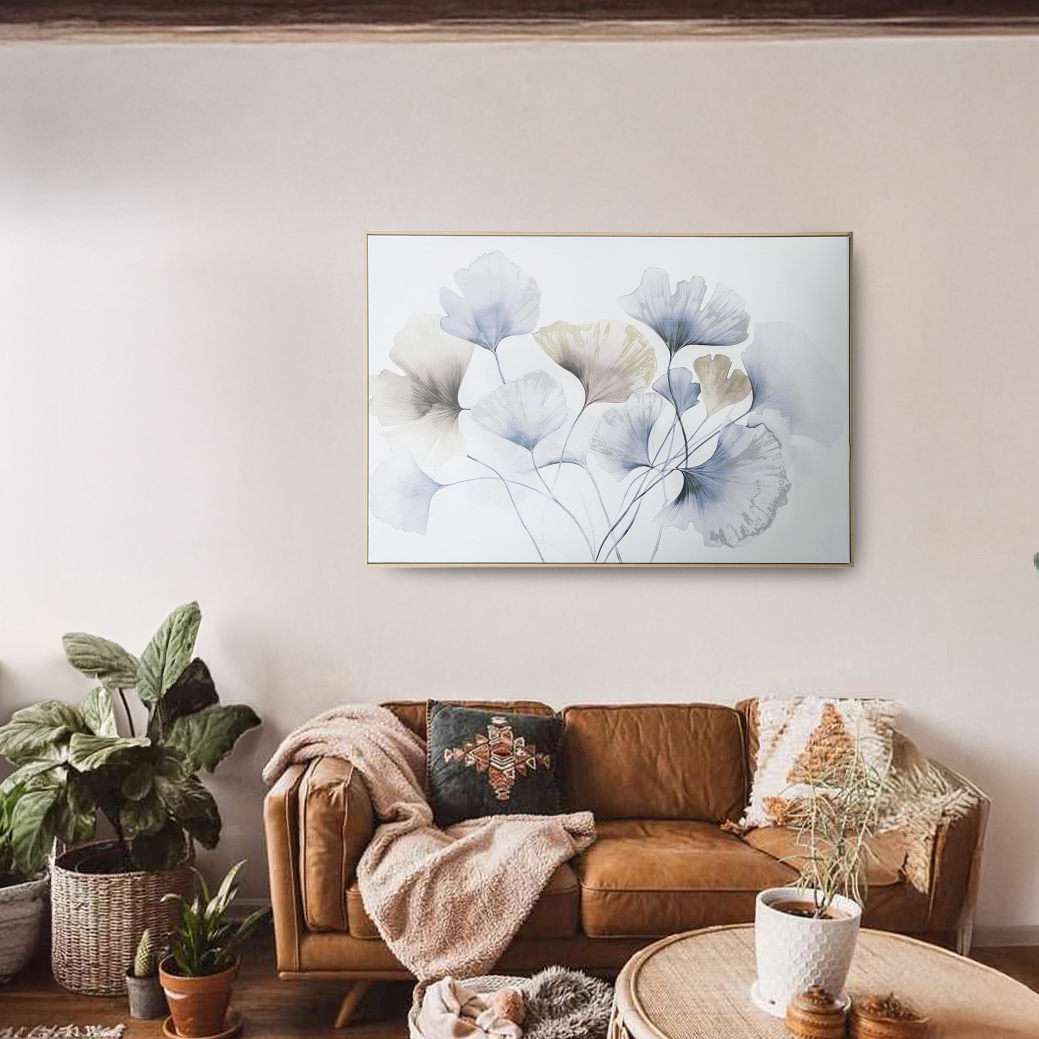 Urban Style Brushmarks Embellished Canvas Blue Ginko Wall Art - Perfect for Living Room, Bedroom & Office Decor