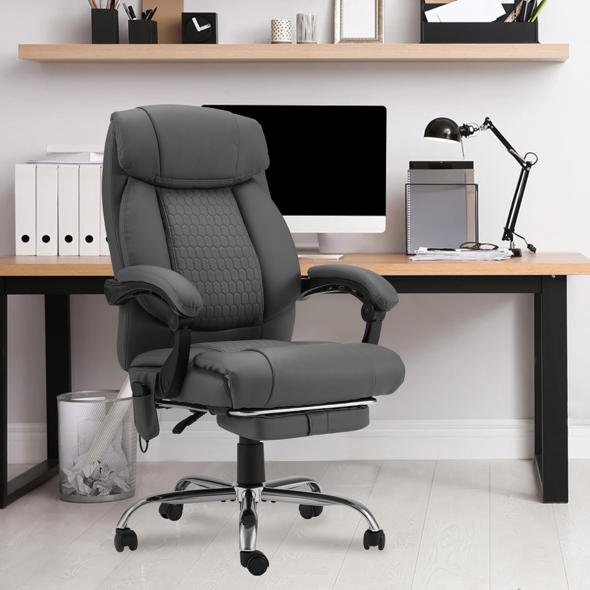 HOMREST Ergonomic Reclining Office Chair with 4-Point Massage & Heating - Adjustable Executive Chair with Retractable Footrest - Gray Home Computer Desk Chair for Work, Gaming & Relaxation - Perfect for Home Office, Study & Workspace Comfort