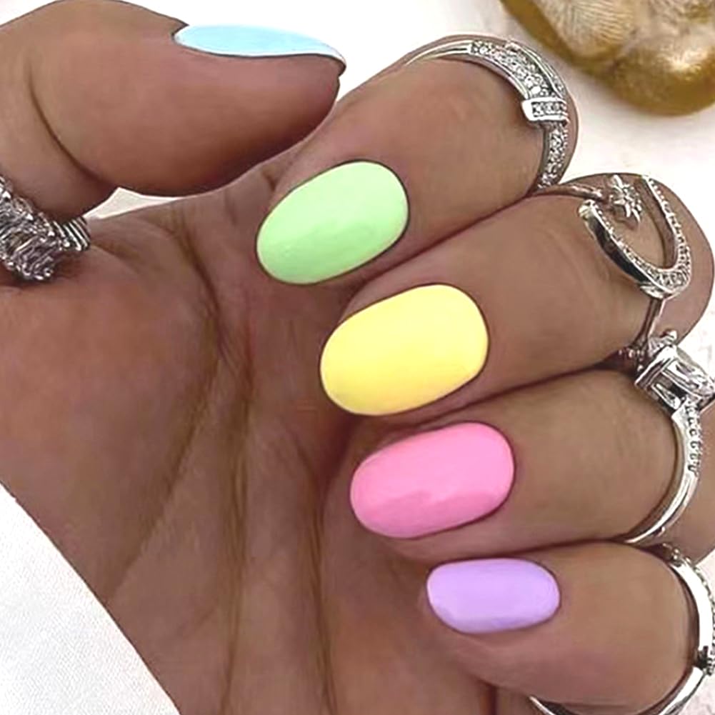 Short Almond Press on Nails - 24Pcs Cute Rainbow Glossy Acrylic Fake Nails for Women | Easy Stick-On Artificial Nails for Everyday Wear & Special Occasions