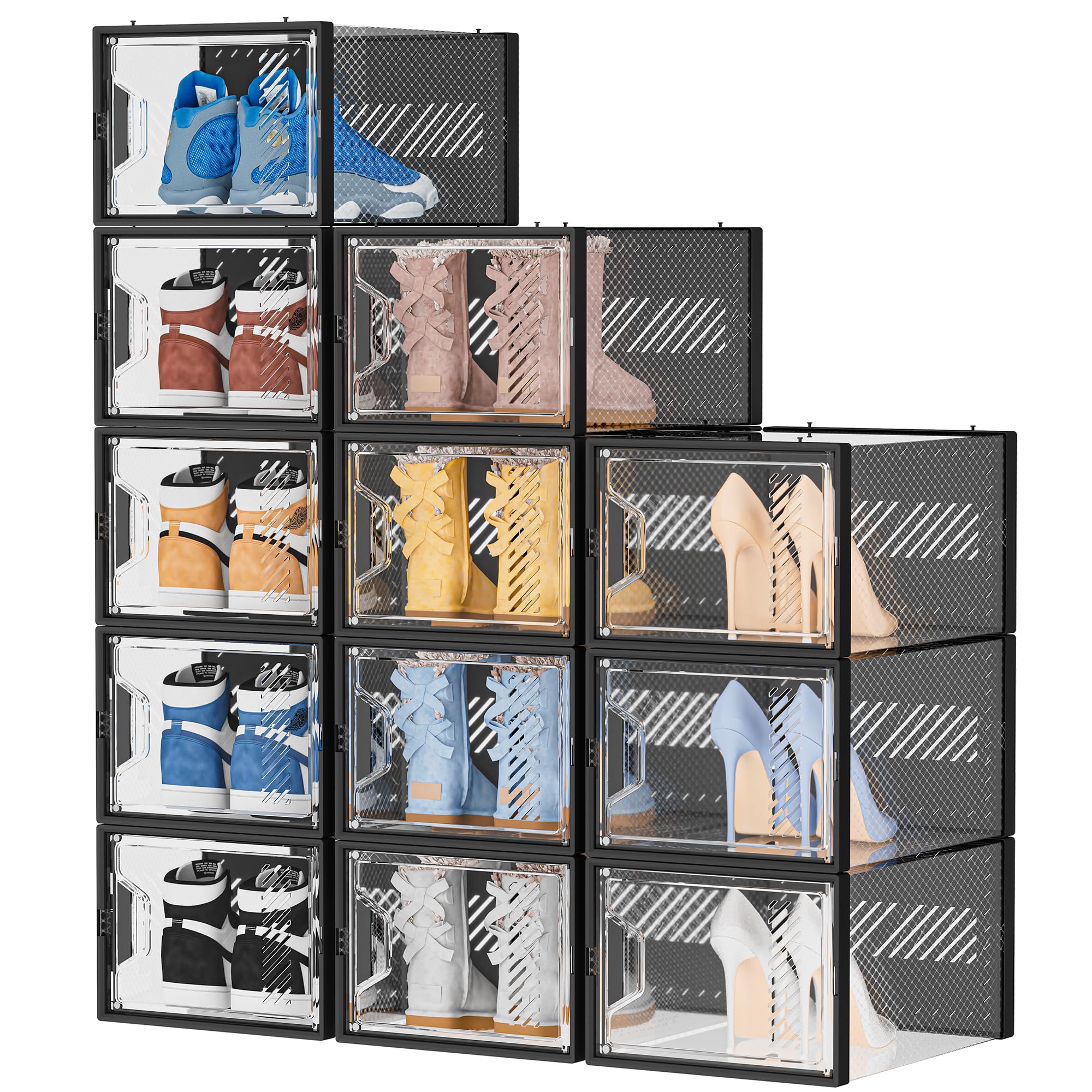12 Pack X-Large Clear Plastic Stackable Shoe Storage Boxes for Closet - Fits Size 13 Shoes | Perfect for Organizing Sneakers, Boots & Heels in Bedroom, Entryway or Dorm