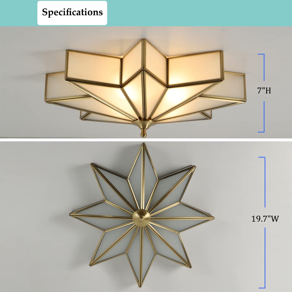 Vintage Star-Shaped Antique Brass Flush Mount Ceiling Light Fixture - 4-Light Bedroom Lighting with Frosted Glass Shade (Bulbs Included) - Perfect for Bedroom, Living Room, Dining Room & Hallway Lighting