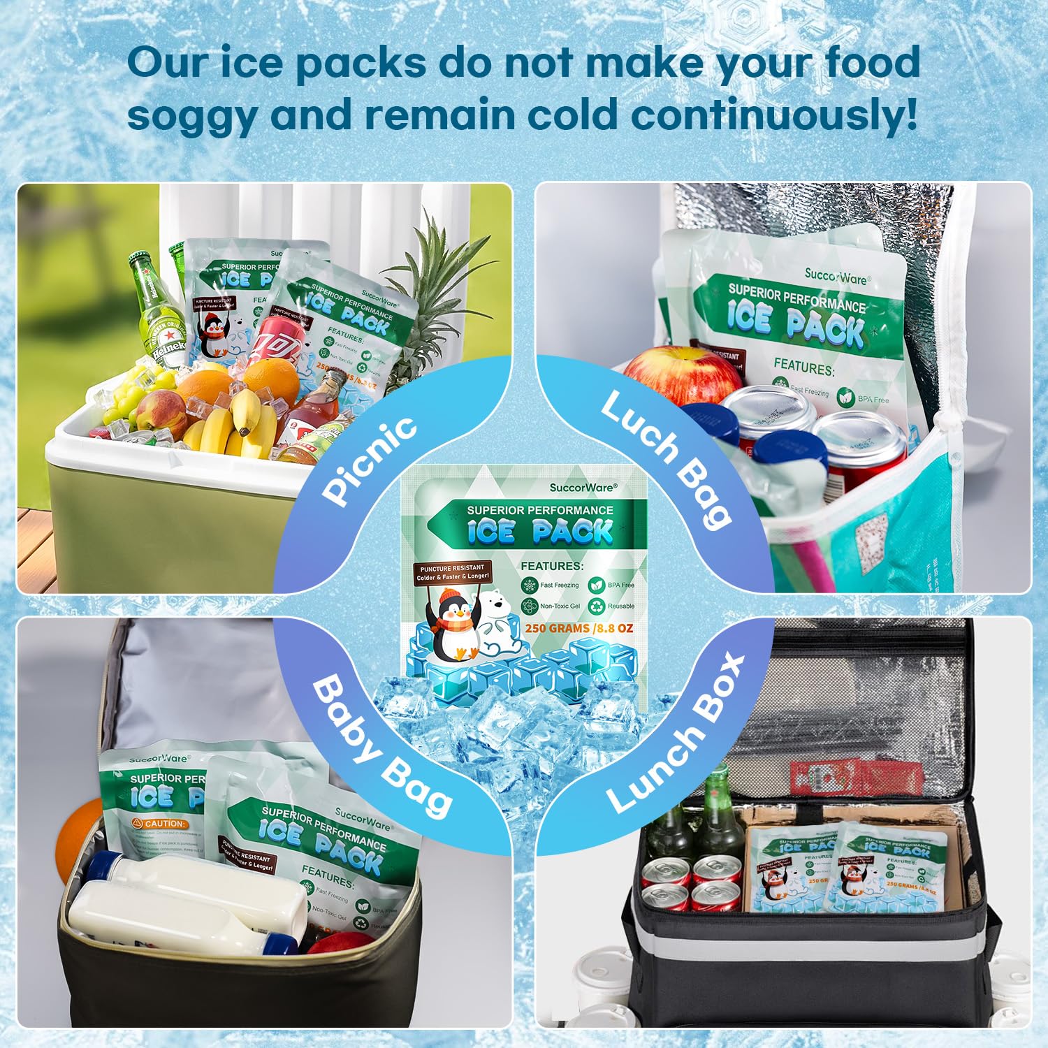 5 Pack Reusable Ice Packs for Lunch Boxes - 12+ Hour Cooling Gel Packs for Camping, Beach & Office - Perfect for Cooler Bags & Backpacks | Keep Food Fresh Outdoors, Work & Travel