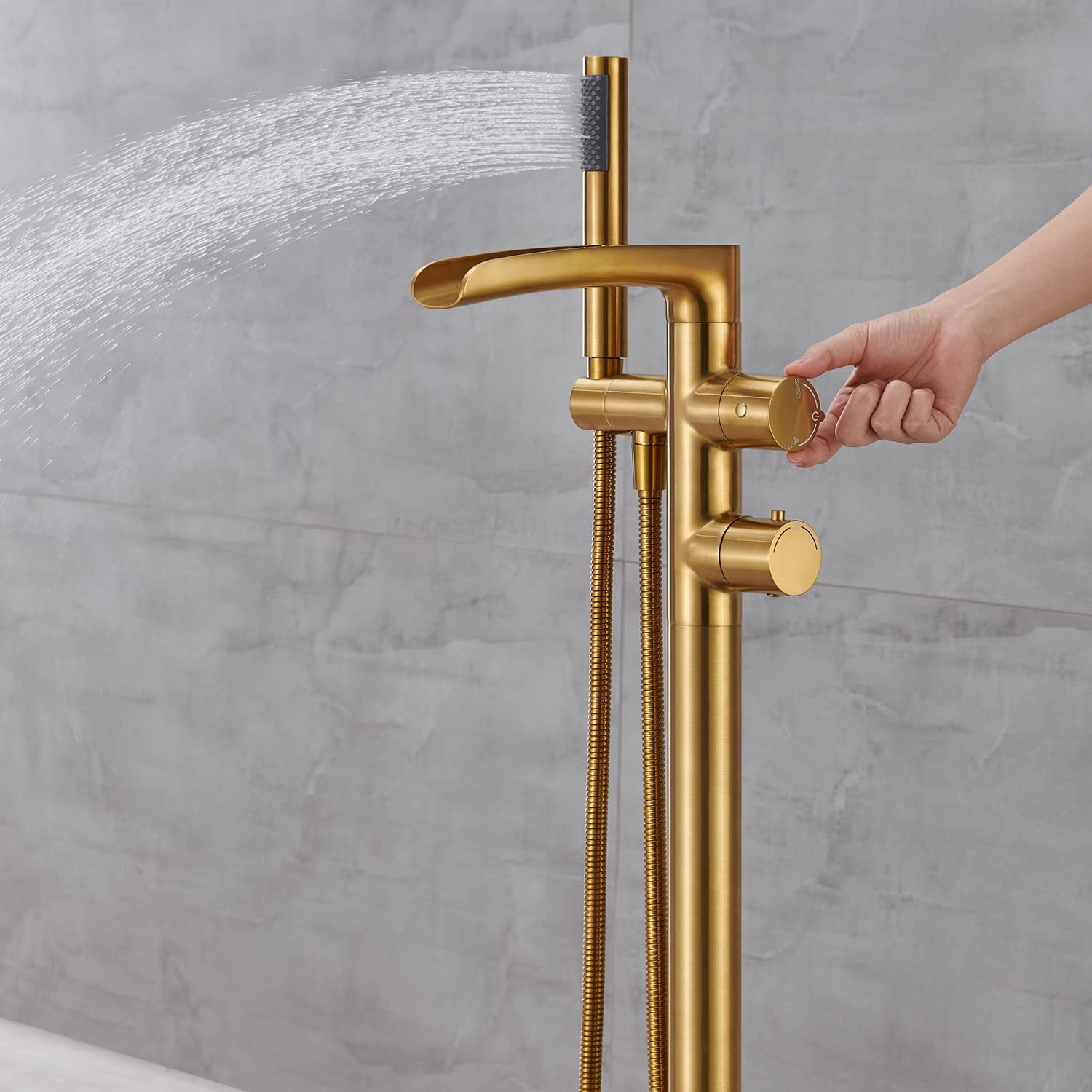 Freestanding Thermostatic Bathtub Faucet Floor Mount Waterfall Tub Filler Brushed Gold Bathroom Taps with Handheld Shower - Luxury Spa Experience for Modern Bathrooms