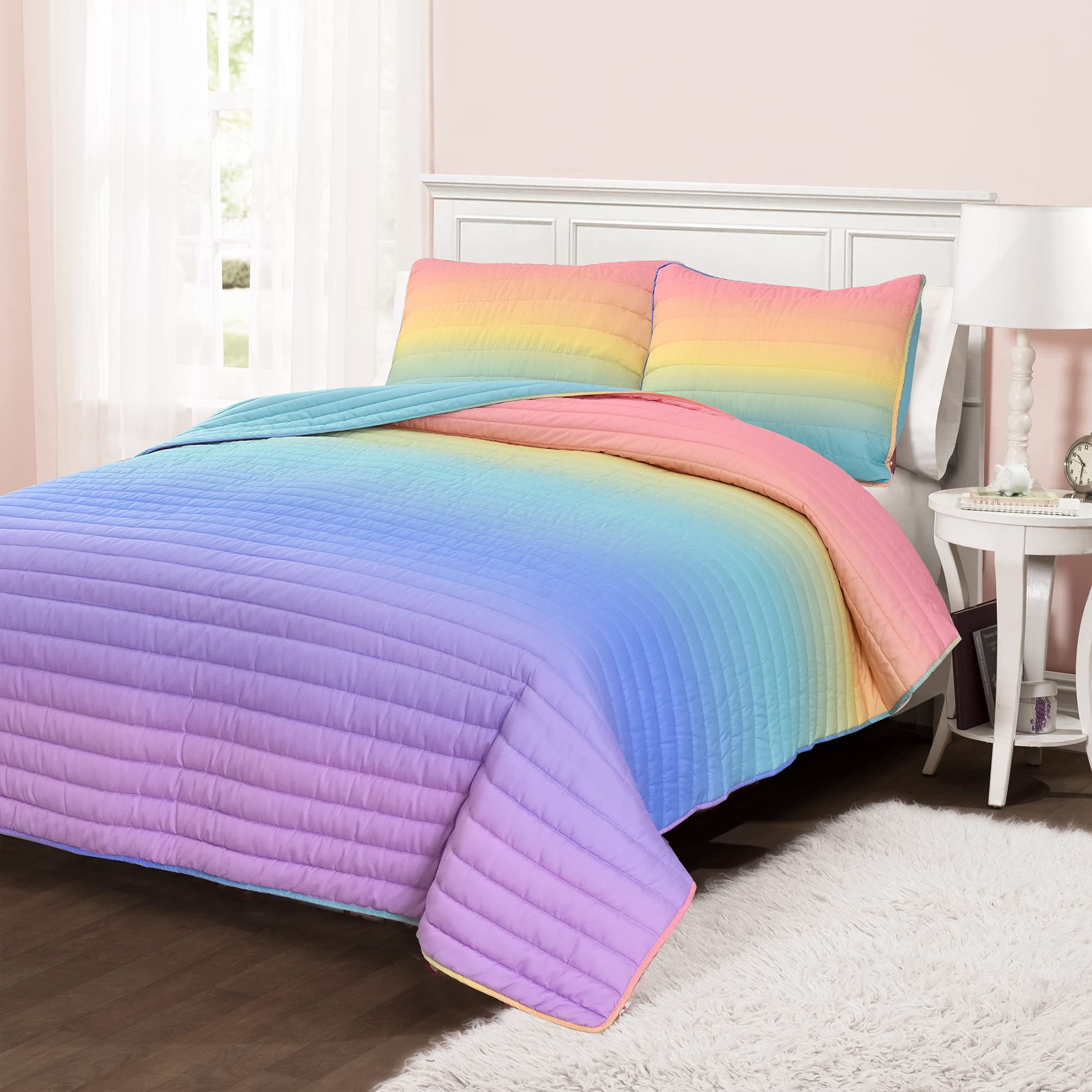 Lush Decor Rainbow Ombre 5-Piece Quilt Set - Full/Queen Size Bedding - Soft & Colorful Gradient Design for Cozy Bedroom Decor