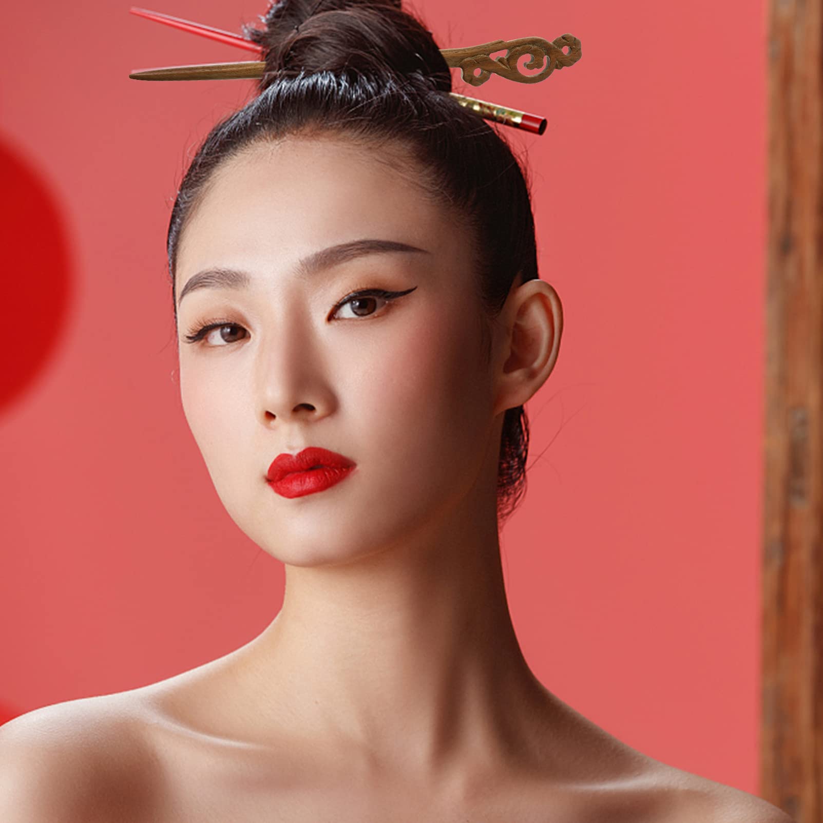 Healifty Sandalwood Hair Sticks - Japanese & Chinese Style Hair Chopsticks for Women, Wooden Hairpin Headdress Accessories (Dark Red) - Perfect for Bun, Updo & Traditional Hairstyles