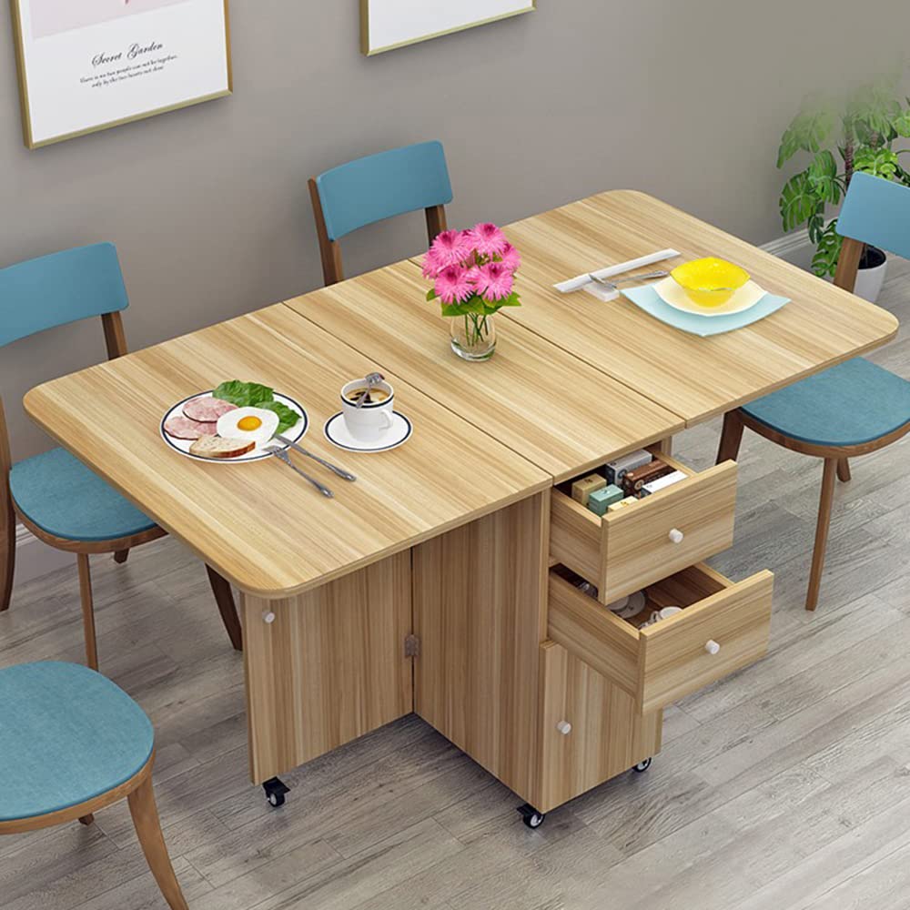 Modern Wooden Pedestal Dining Table with Drop Leaf - Foldable Multifunctional Kitchen Table, Natural Finish, 59.1