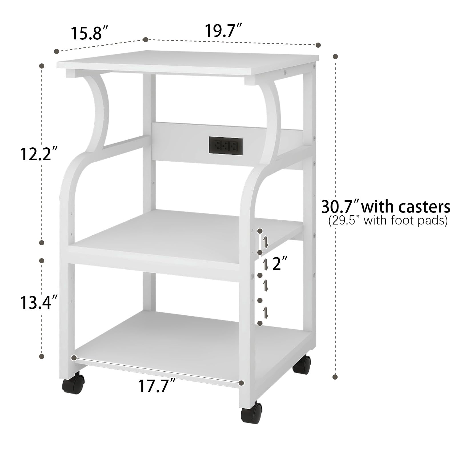 Natwind 3-Tier Adjustable Rolling Printer Stand with Storage Shelf - Mobile Printer Cart with Wheels for Home Office, Heat Press & 3D Printer Organization - Perfect for Small Spaces & Craft Rooms (White)