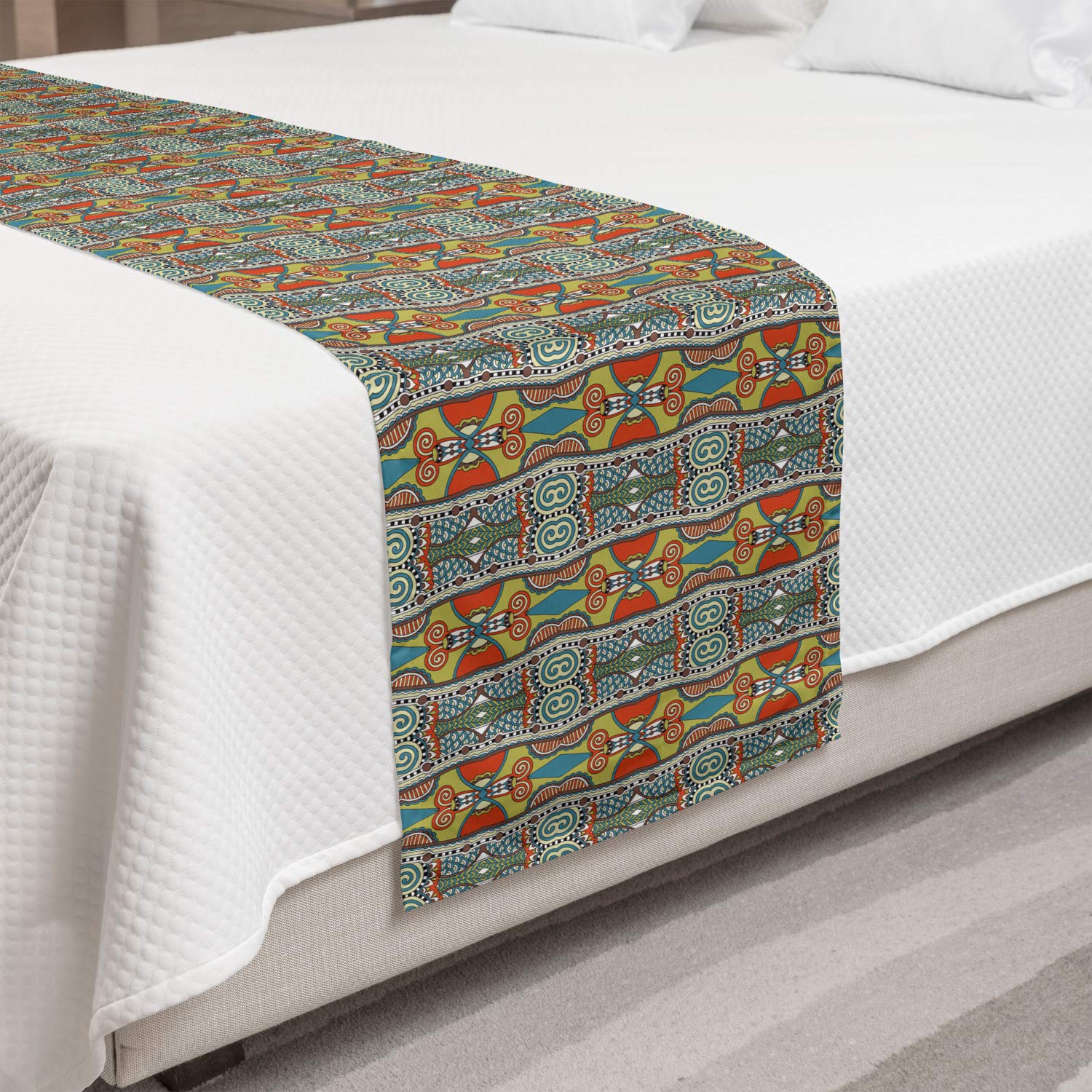 Ambesonne Ethnic Bed Runner - Colorful Vintage Swirls & Motifs, Decorative Bedding Scarf for King Size Beds | Perfect for Hotels, Homes & Guestrooms | Bohemian Home Decor & Bedroom Accent