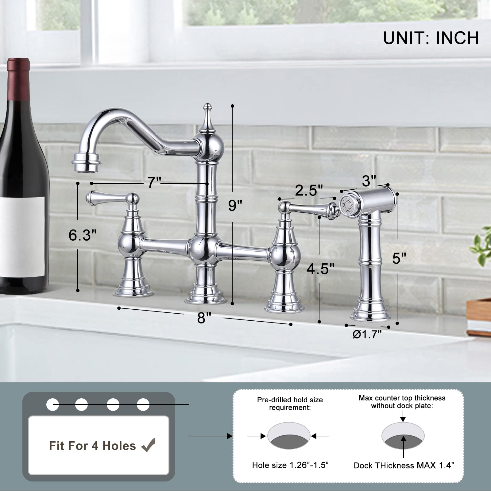 WOWOW 4-Hole Centerset Kitchen Faucet with Pull-Out Sprayer - 8 Inch Brass Bridge Faucet with 2 Handles - Vintage Farmhouse Chrome Sink Faucet for Modern & Rustic Kitchens