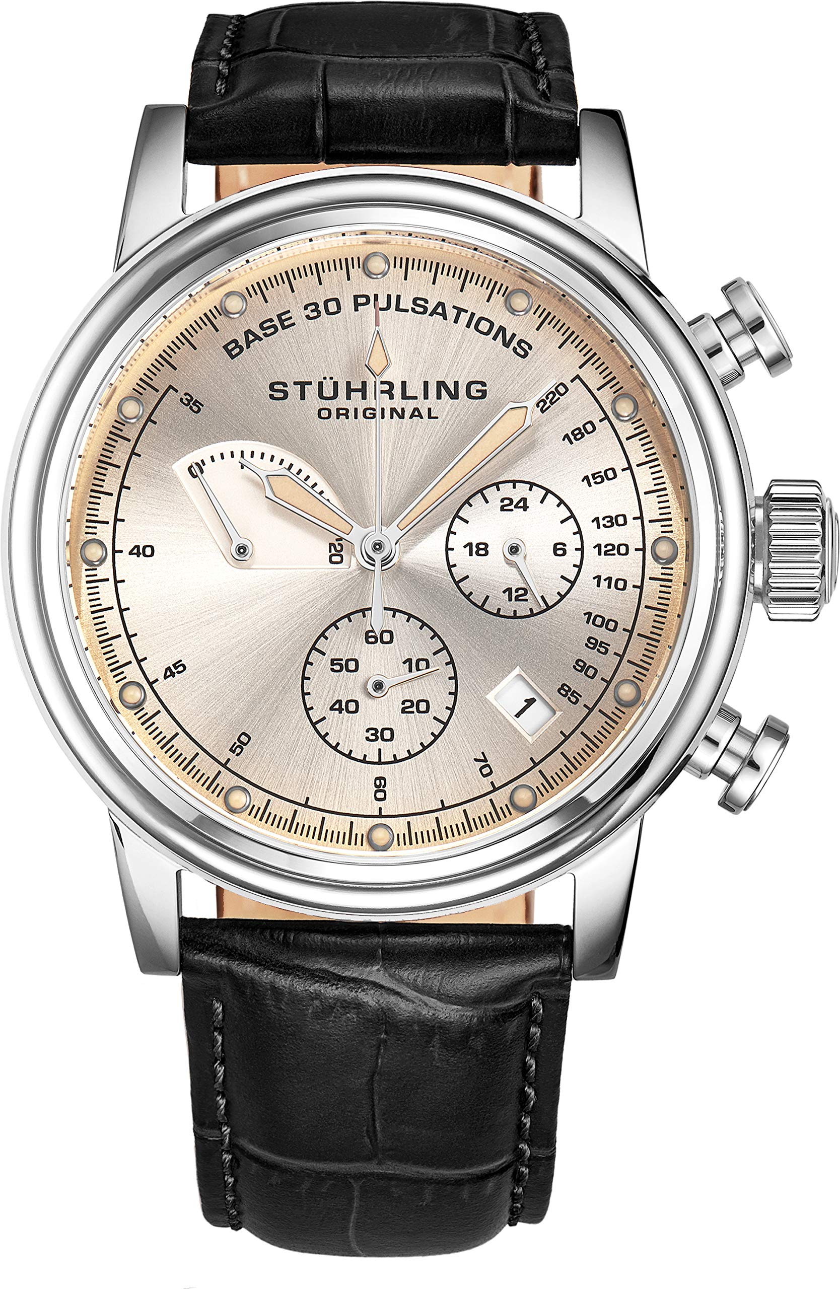 Stuhrling Original Men's Chronograph Pulsometer Leather Watch - Stainless Steel Case, Analog Date Dial - Luxury Dress & Casual Timepiece for Business, Gifts & Everyday Wear