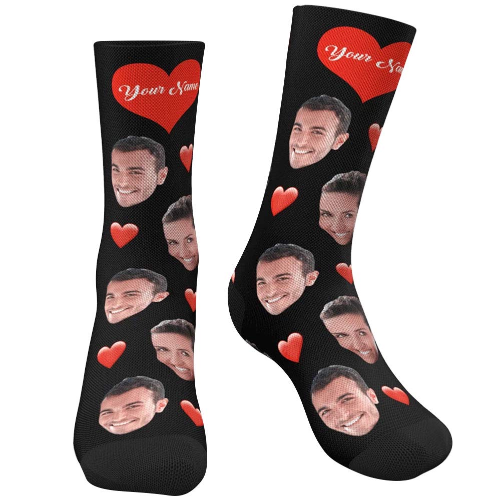 Custom Photo Face Socks - Personalized Heart Design Crew Socks for Men & Women - Unique Gift Idea for Couples, Anniversaries & Valentine's Day