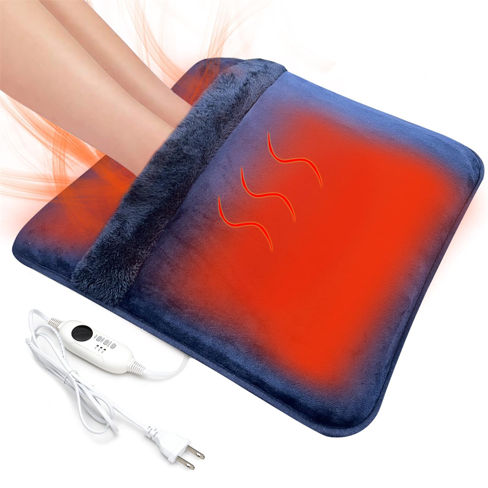 Double Sided Electric Foot Warmer with LCD Display & Machine Washable - Non-Slip Heating Pad for Under Desk, Bed, Office & Home - Navy Blue 20