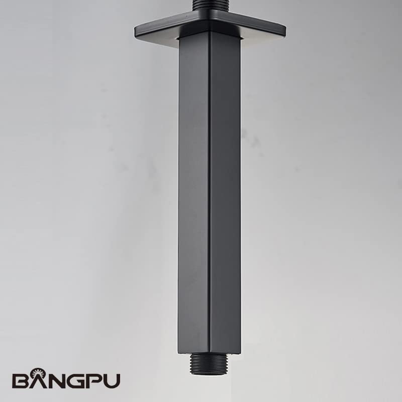8 Inch Square Shower Arm with Flange - Matte Black Ceiling Mount Shower Extension (1/2 NPT) for Rainfall Shower Heads - Perfect for Modern Bathrooms & Spa-Like Showers