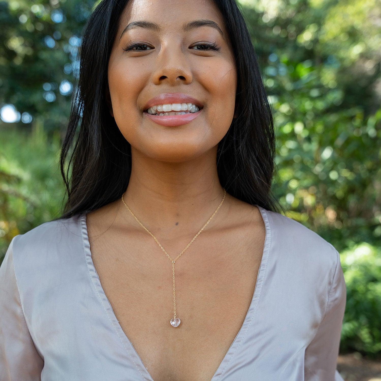 Rose Quartz Crystal Heart Lariat Necklace - Healing Stone Jewelry for Women, Dainty Layering Necklace, Spiritual Gift for Her | Perfect for Meditation, Yoga & Everyday Elegance