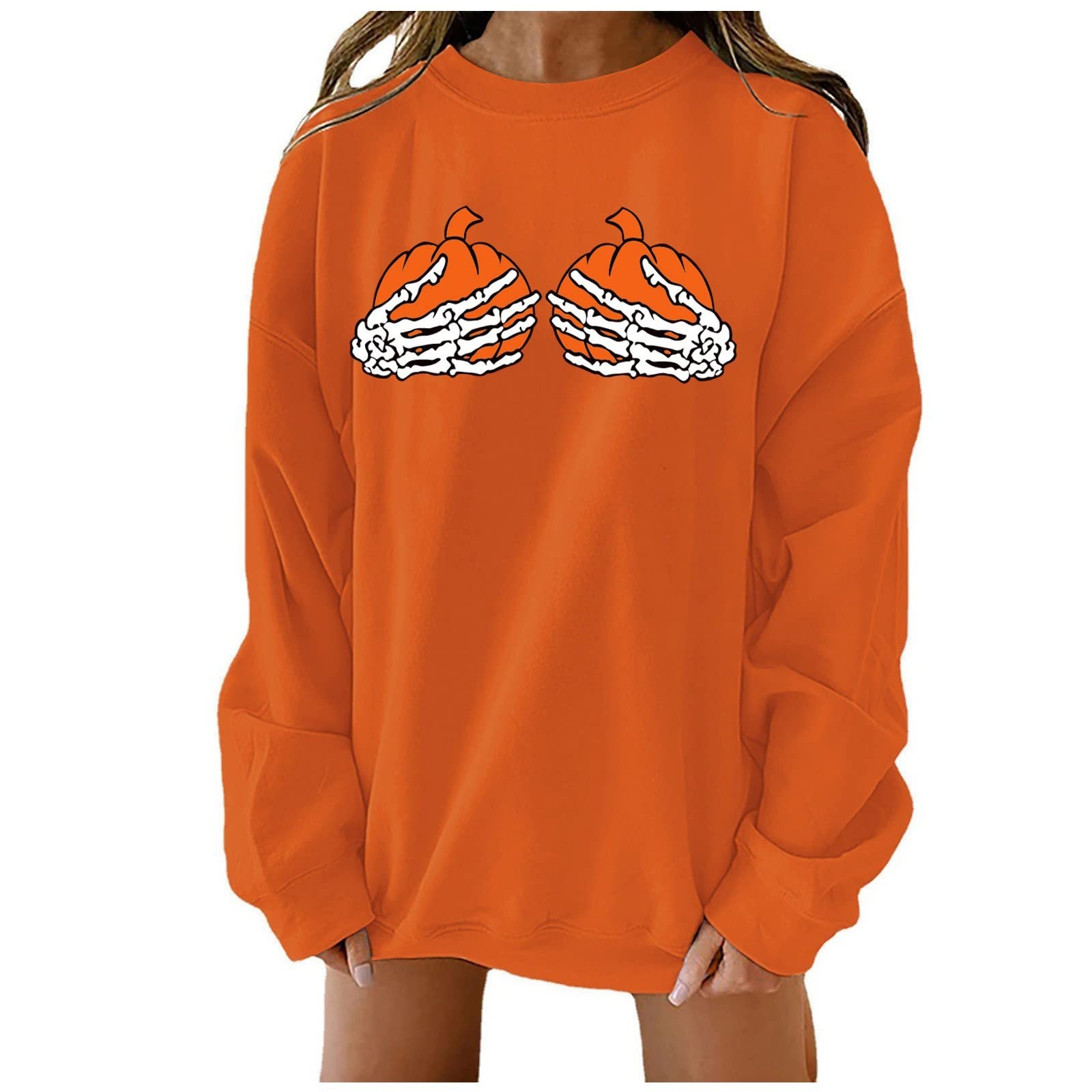 Women's Long Sleeve Pullover Hoodie - Crew Neck Loose Fit Pumpkin Skull Print Top | Casual Fall Fashion, Halloween Outfit, Cozy Streetwear