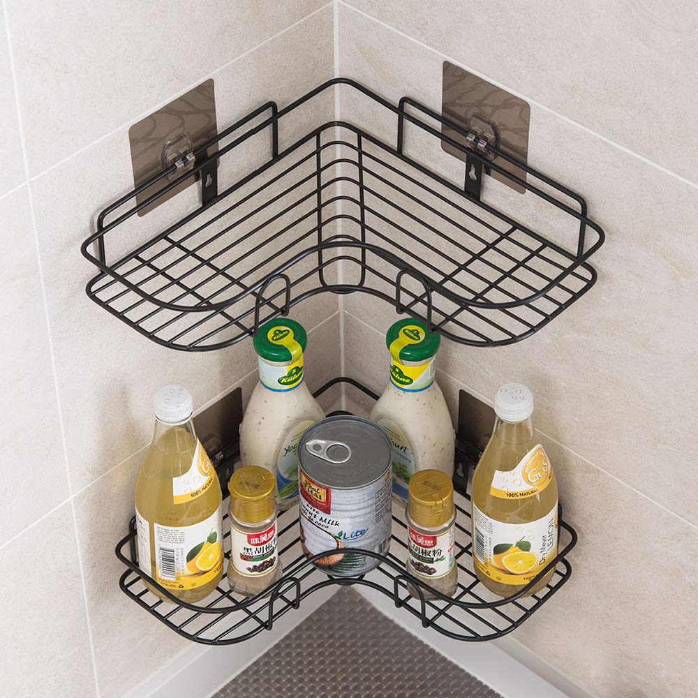 Black Iron Wall-Mounted Corner Shelf Set of 2 - Bathroom & Kitchen Storage Organizer for Shower, Toiletries & Small Items - Rustproof Non-Perforated Triangle Shelves for Home, Apartment & RV Use