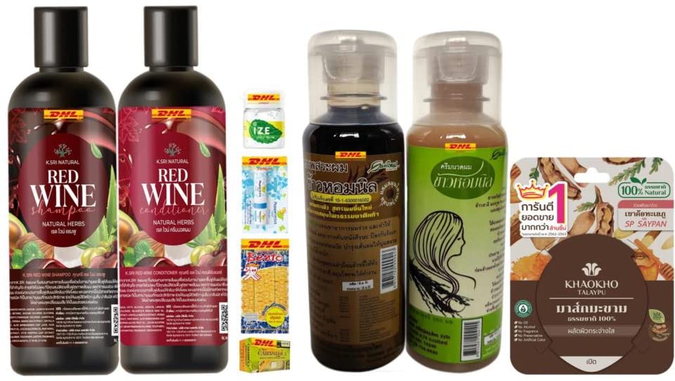 K.Sri Red Wine Herbal Shampoo & Treatment 300ml + Mae Yai 9 Herbs Black Rice Shampoo Conditioner 250ml Set - Natural Hair Care for Dry & Damaged Hair - Fast DHL Shipping - Perfect for Salon-Quality Treatment at Home