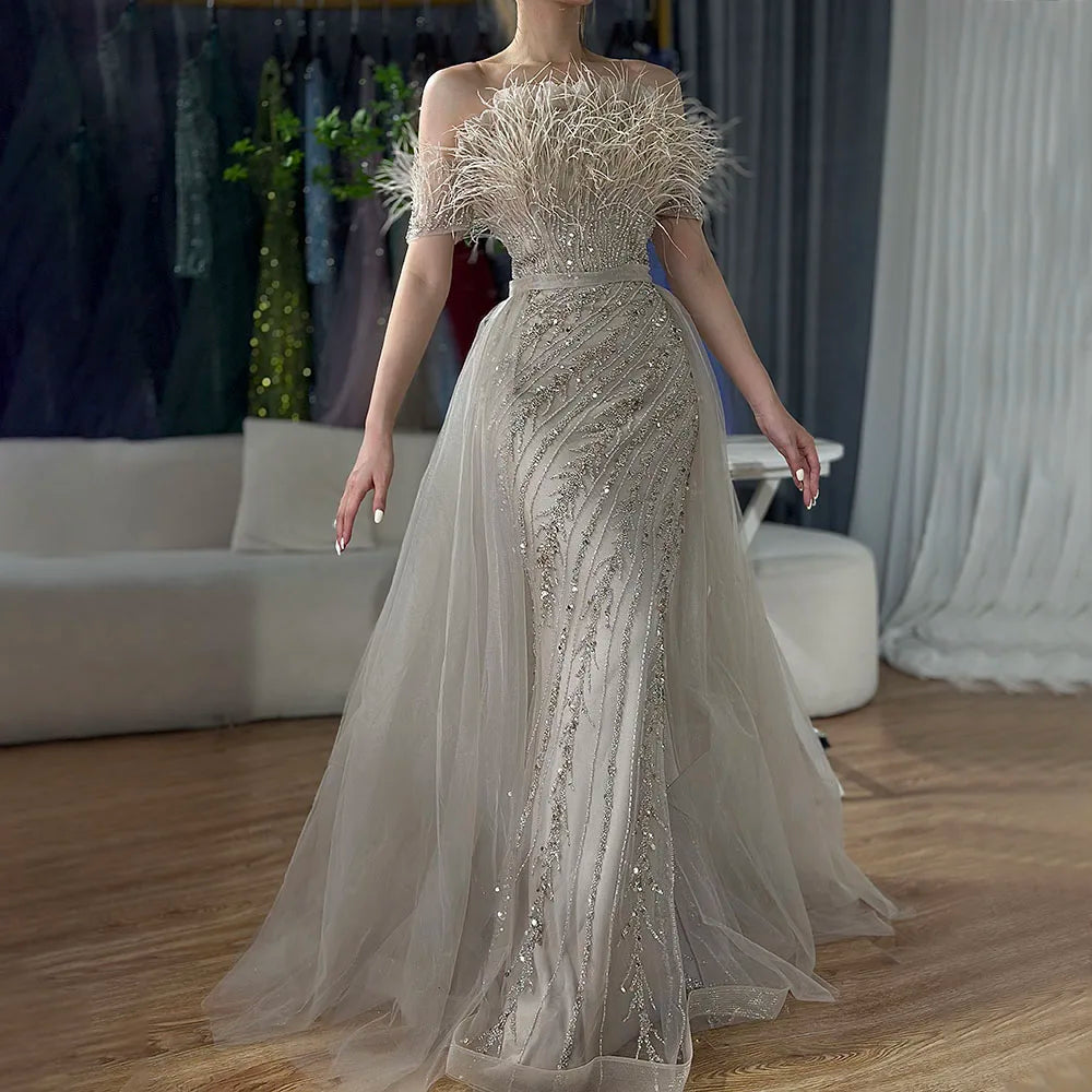 Luxury Dubai Saudi Arabic Beaded Caramel Mermaid Evening Gown with Overskirt - Elegant Formal Dress for Weddings, Galas & Special Occasions LA71634A