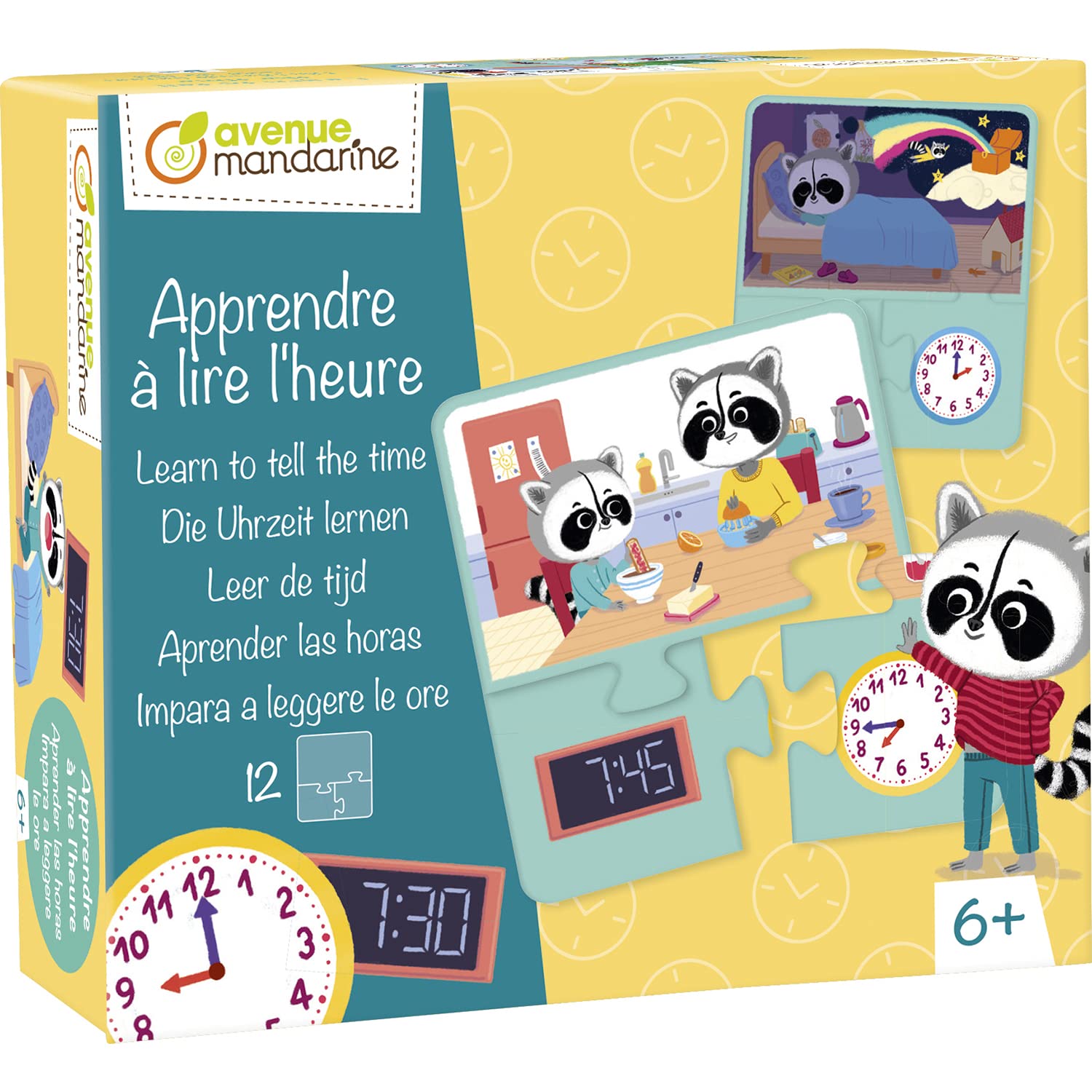 AVENUE MANDARINE - 12 Pack 3-Piece Puzzles for Kids to Learn Telling Time - Educational Toys for Children Ages 6+ - JE531C - Perfect for Classroom Learning, Homeschooling & Family Game Night